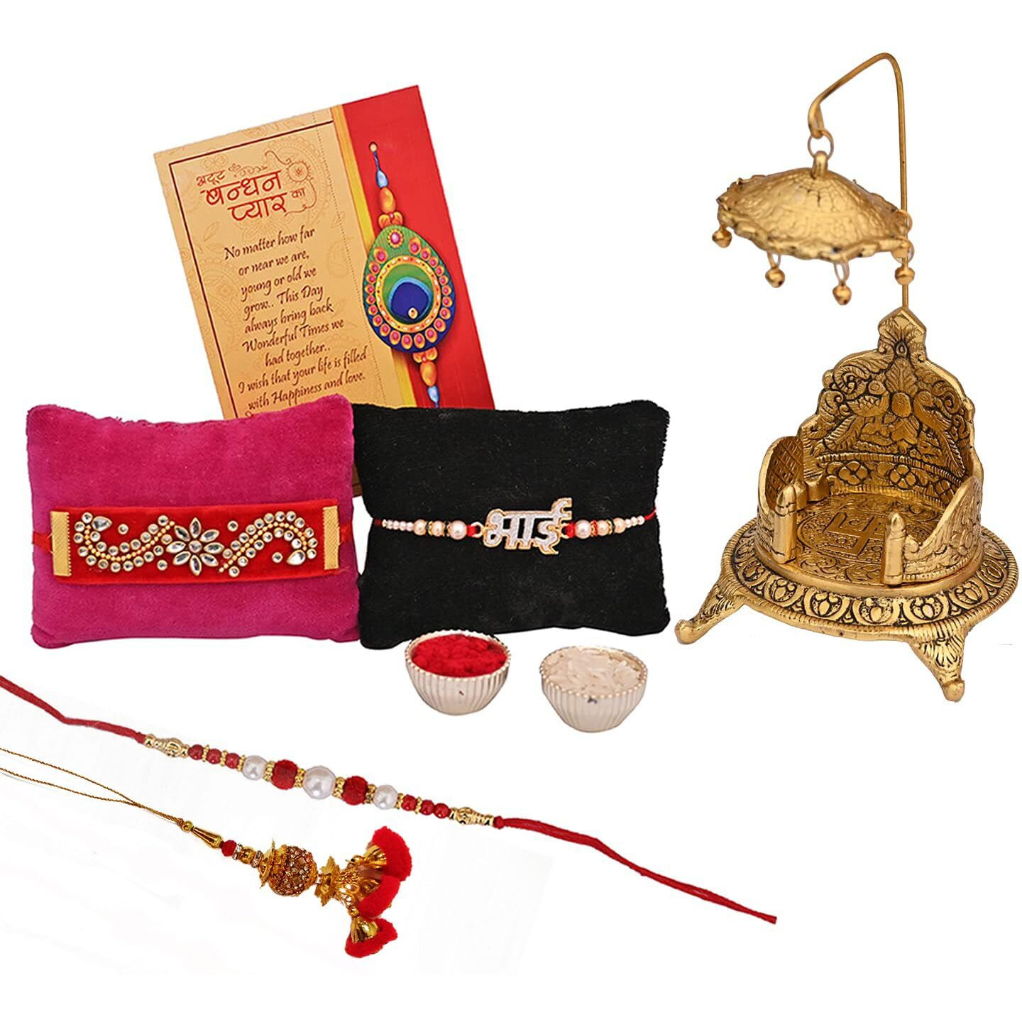 Rakhi Gift For Brother Combo - Rakhi Gift For Brother And Bhabhi With Gift - Rakshabandha Gifts for Sister Bhabhi - Metal Singhasan For God Idols/Bhai Rakhi /Lumba Rakhi /Greeting Card