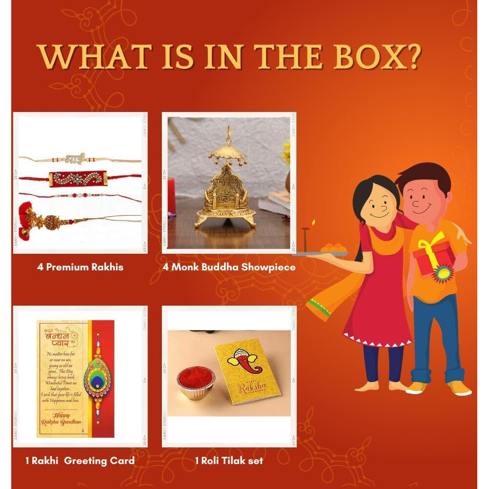 Rakhi Gift For Brother Combo - Rakhi Gift For Brother And Bhabhi With Gift - Rakshabandha Gifts for Sister Bhabhi - Metal Singhasan For God Idols/Bhai Rakhi /Lumba Rakhi /Greeting Card