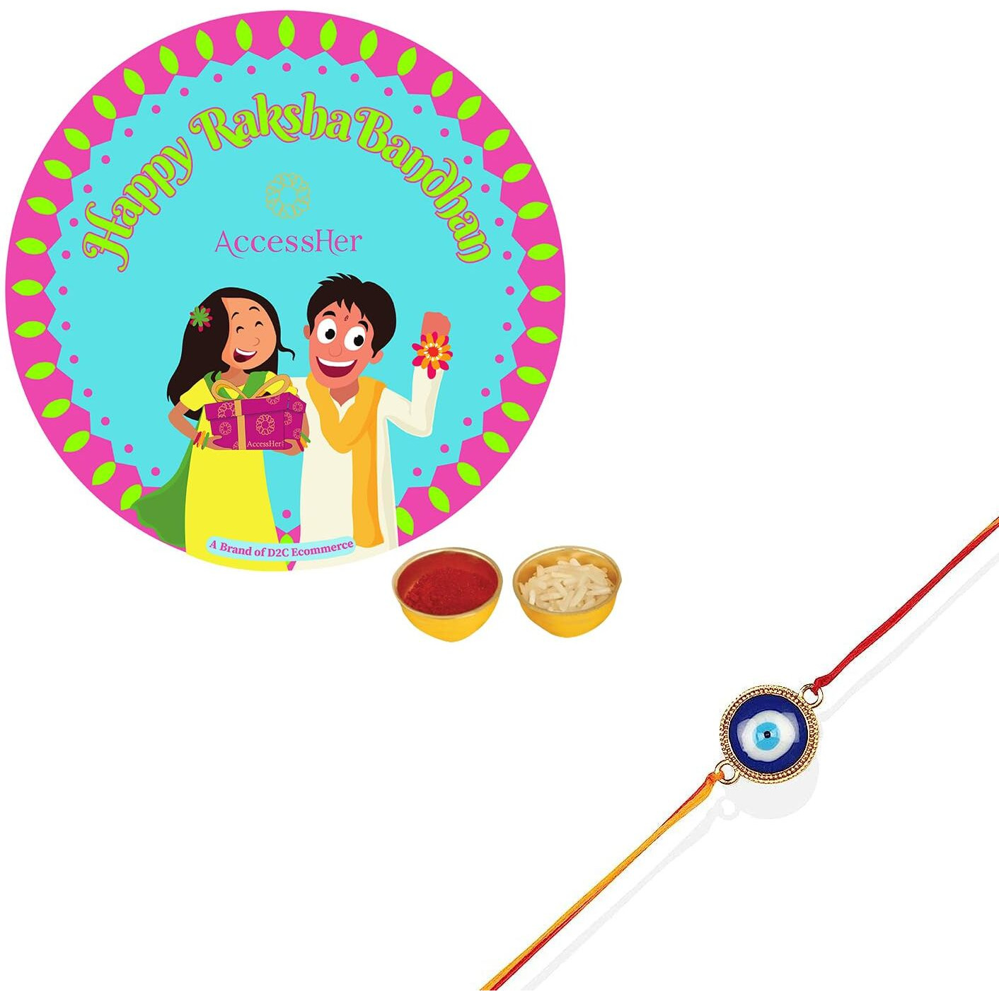 ACCESSHER Delicate Single Thread Elegant and Stylish Evil Eye Rakhi for Beloved Brother & Gifting with Roli/Kumkum Packets, Rice & Happy Rakshabandhan Card For Women