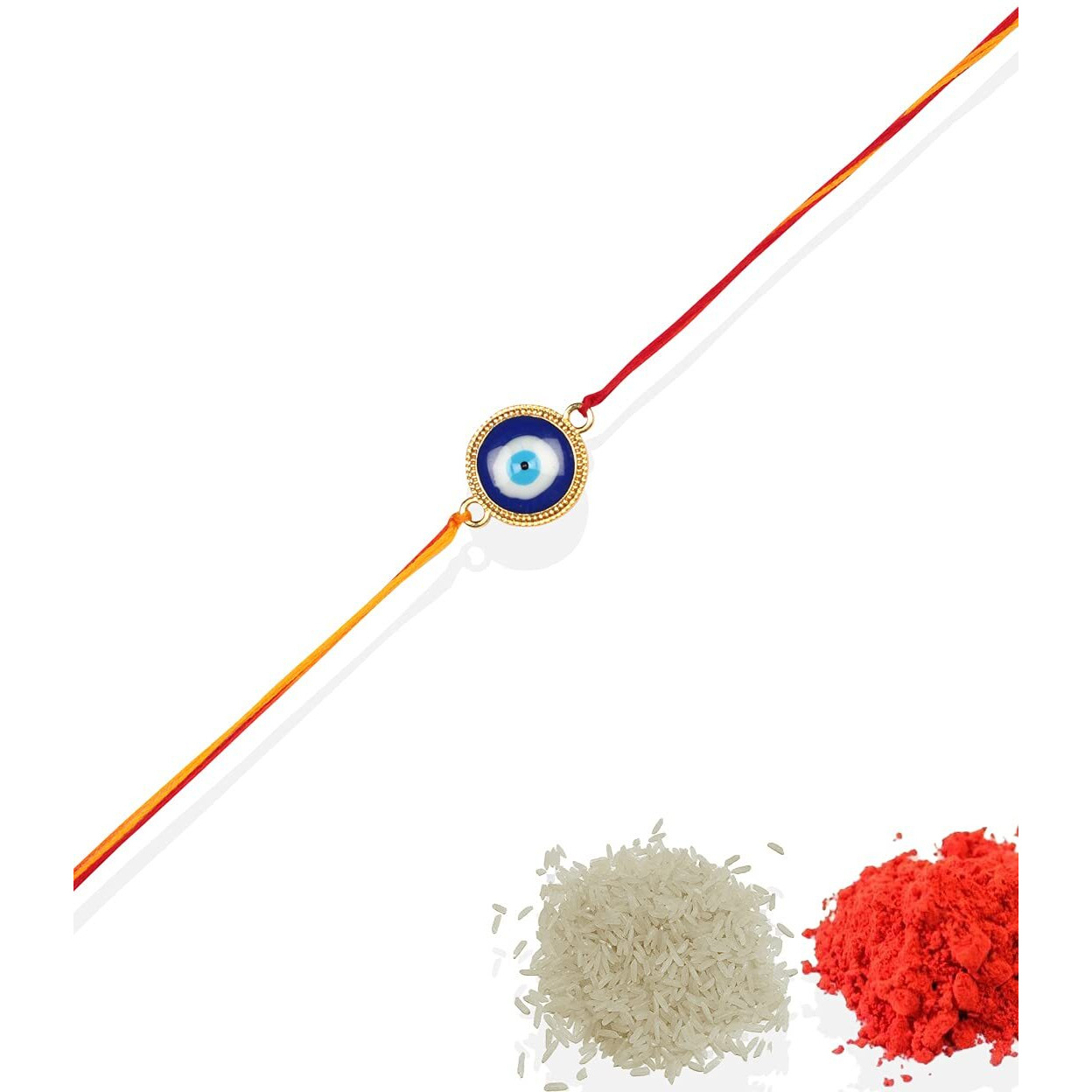 ACCESSHER Delicate Single Thread Elegant and Stylish Evil Eye Rakhi for Beloved Brother & Gifting with Roli/Kumkum Packets, Rice & Happy Rakshabandhan Card For Women
