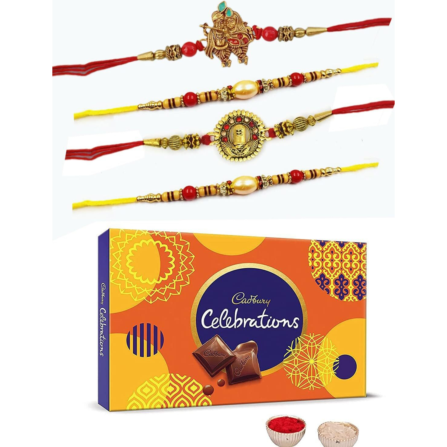 Set of 4 Rakhi Rakhi for brother Bhaiya with chocolate Gifts Combo Set, Cadbury Rakshabandhan Bhai Bhabhi Hamper Greeting Card, Set of 4 Rakhi,Rakhi For Brother With Chocolate Combo,Rakhi Gift Hamper