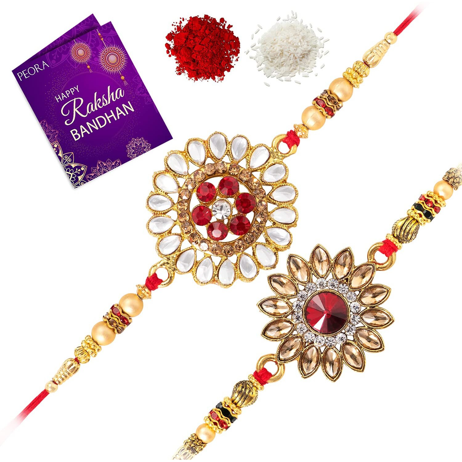 Peora Kundan & Crystal Stone Rakhi for Brother Combo Set of 2 with Raksha Bandhan Greeting Card & Roli Chawal For Men
