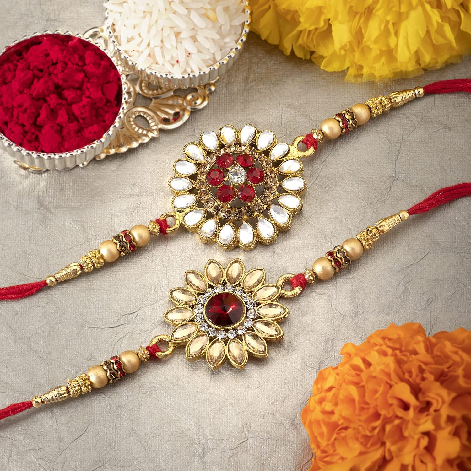 Peora Kundan & Crystal Stone Rakhi for Brother Combo Set of 2 with Raksha Bandhan Greeting Card & Roli Chawal For Men