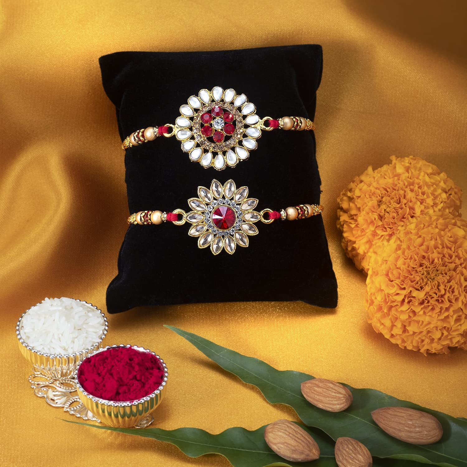 Peora Kundan & Crystal Stone Rakhi for Brother Combo Set of 2 with Raksha Bandhan Greeting Card & Roli Chawal For Men