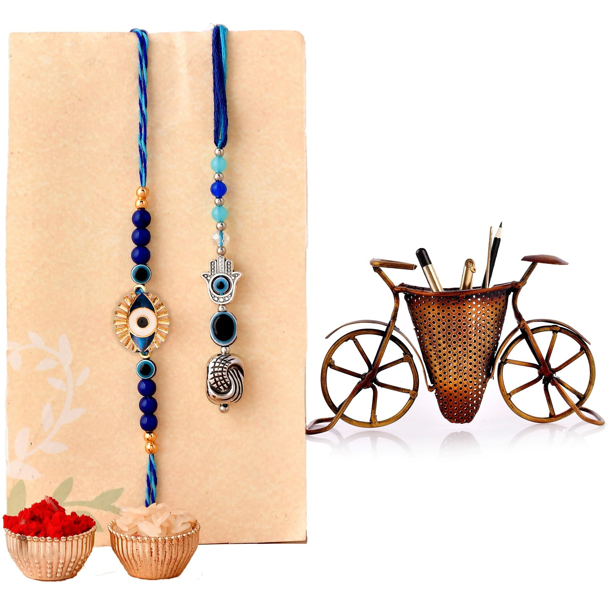 CraftVatika Rakhi for Brother and Bhabhi Gift Combo Rakhi with Cycle Penstand Showpiece for Home Dcor Item, Evil Eye Rakhi for Bhaiya Bhabhi Rakhi Combo Set for Bhai