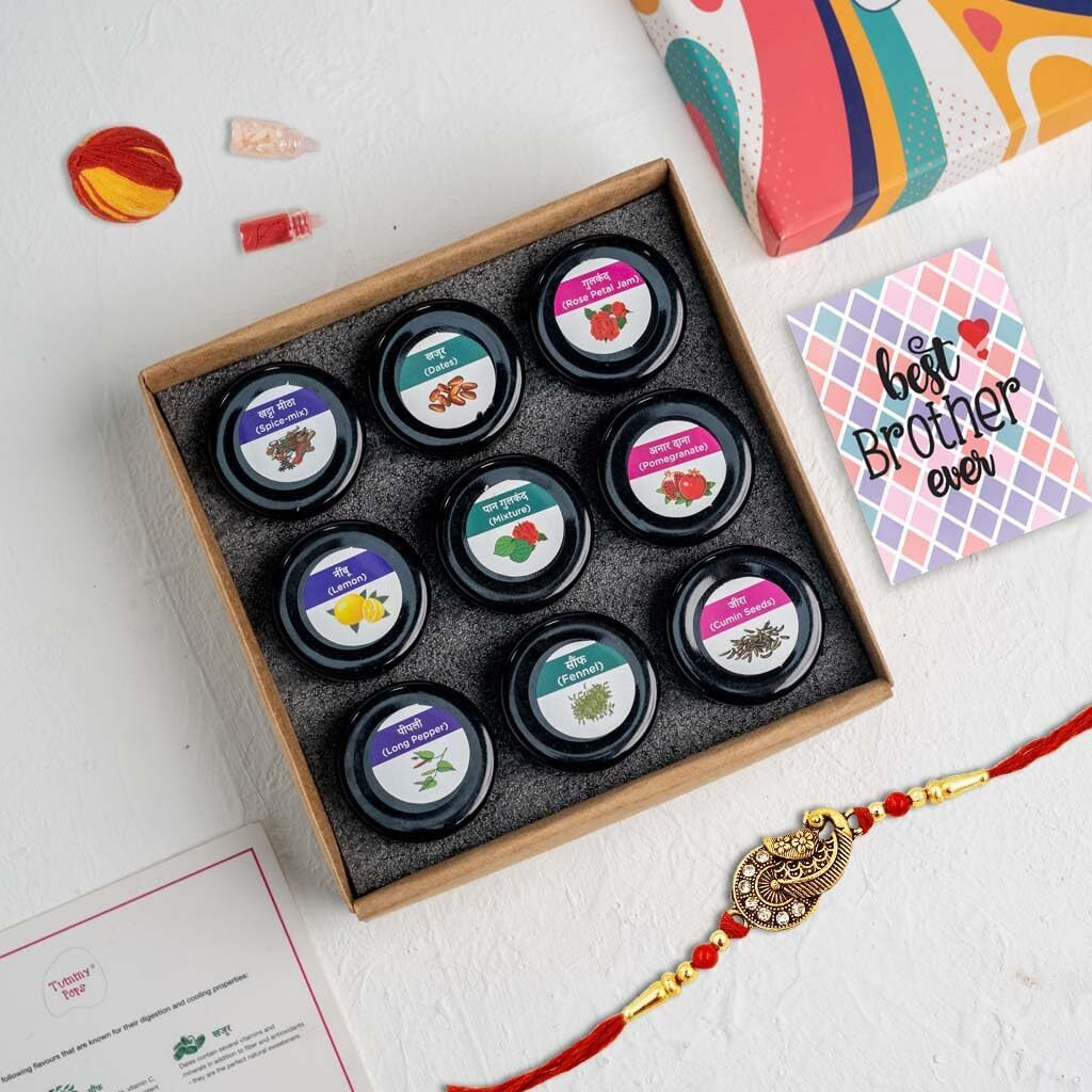 Tummy Pops | Mukhwas Rakhi Gift Hamper - Pack of 9 x 25 g each (Saunf, Gulkand Goli, Jeera Goli, Anardana, Paan Gulkand, Khajoor, Pipli, Nimbu, Spice Mix Candy) | Handmade & Sun-dried Sweet Mouth Fresheners | Gift for Rakshabandhan | Mini Happiness Kit