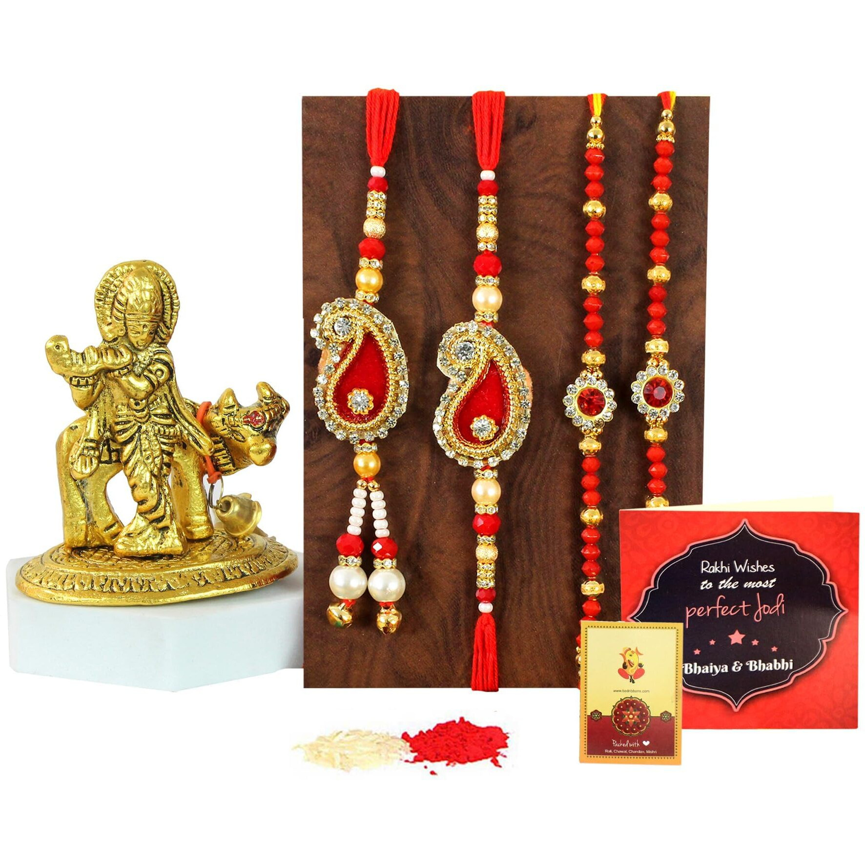 TIED RIBBONS Rakhi for Bhaiya Bhabhi and Kids with Gift Combo - Family Rakhi Set of 4 with Metal Krishna with Cow Idol Statue and Rakshabandhan Card - Bracelet Lumba Rakhi Set