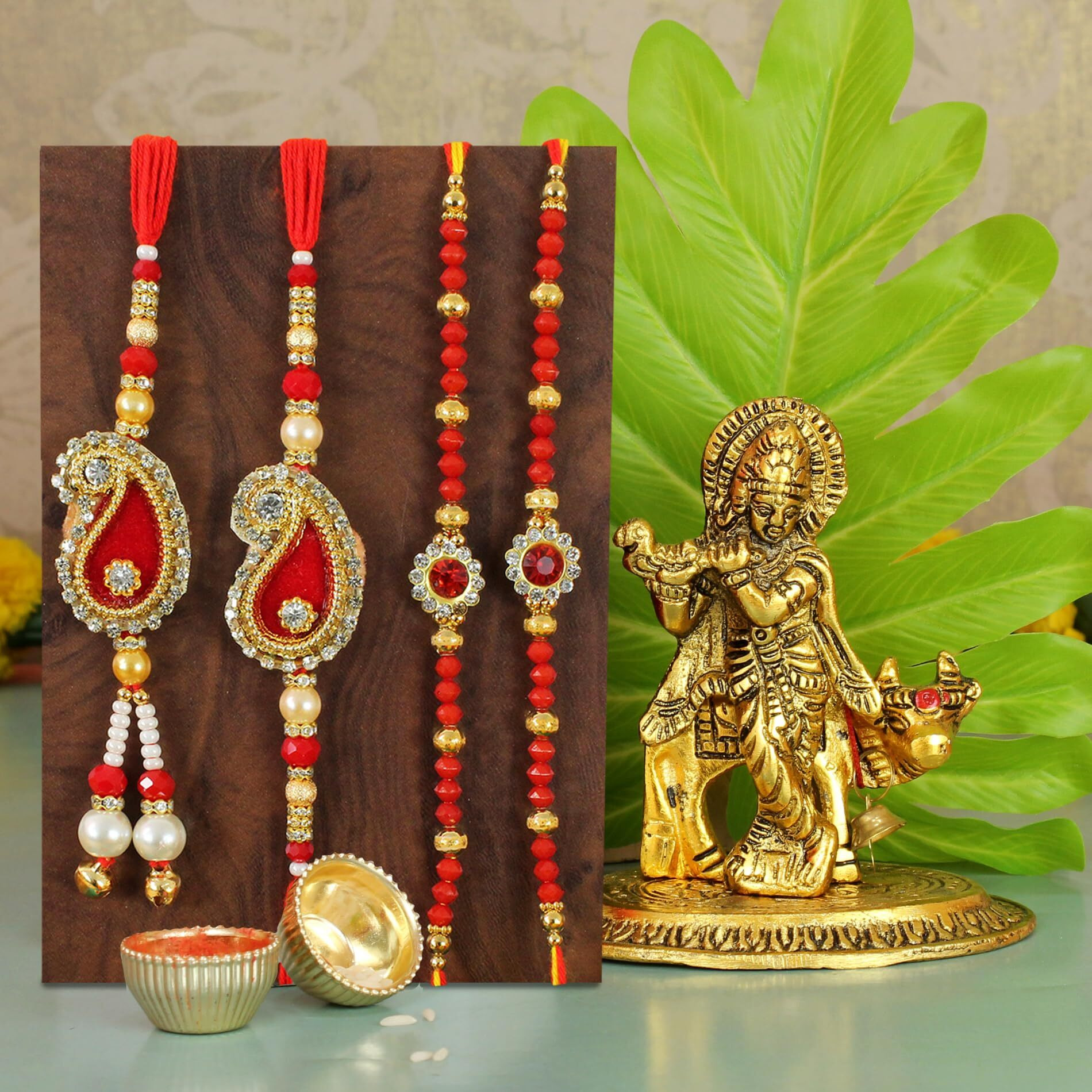 TIED RIBBONS Rakhi for Bhaiya Bhabhi and Kids with Gift Combo - Family Rakhi Set of 4 with Metal Krishna with Cow Idol Statue and Rakshabandhan Card - Bracelet Lumba Rakhi Set