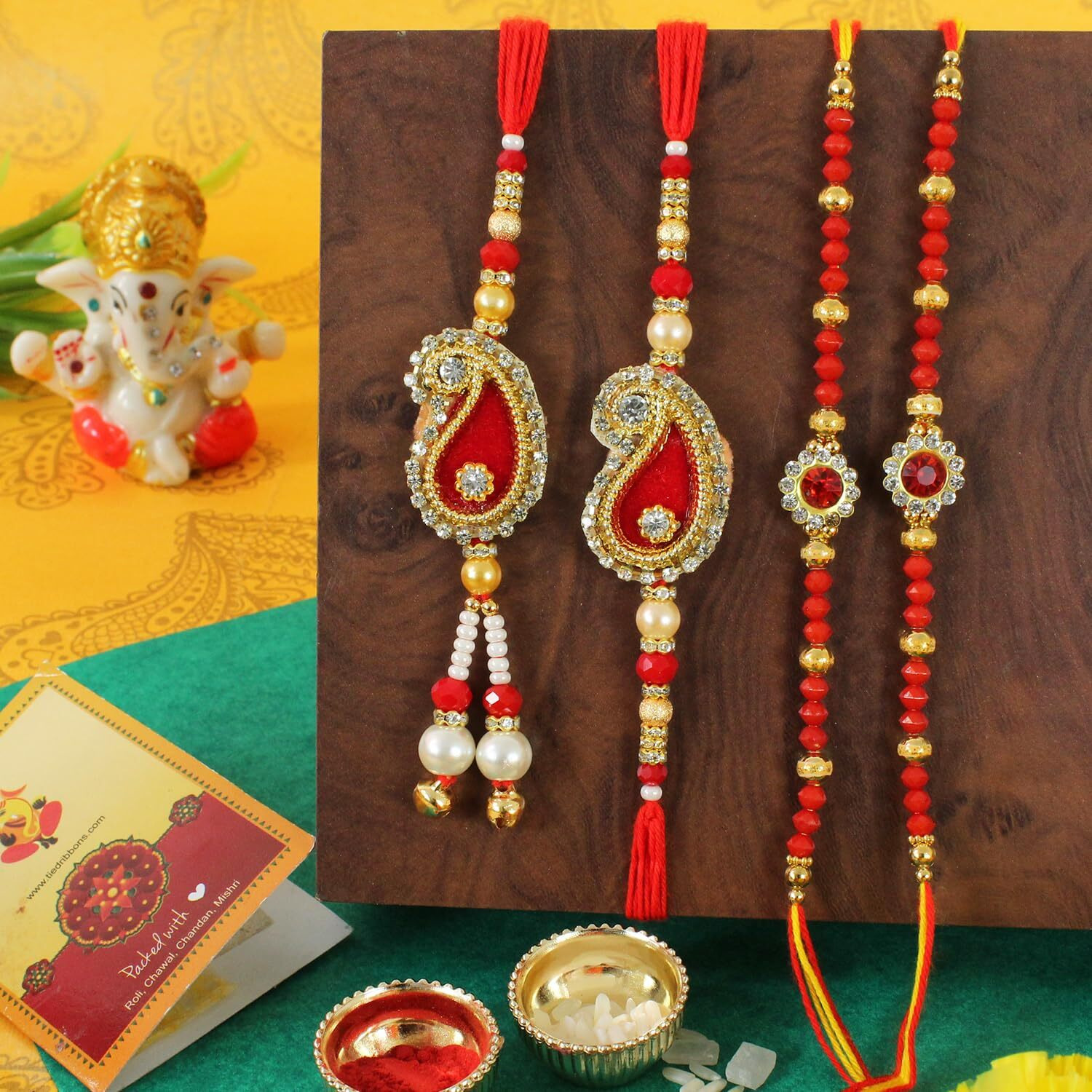 TIED RIBBONS Rakhi for Bhaiya Bhabhi and Kids with Gift Combo - Family Rakhi Set of 4 with Metal Krishna with Cow Idol Statue and Rakshabandhan Card - Bracelet Lumba Rakhi Set
