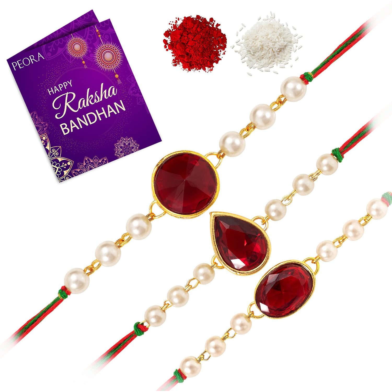 Peora Elegant Kundan Crystal Stone Rakhi for Brother Combo Set of 3 with Raksha Bandhan Greeting Card & Roli Chawal For Men