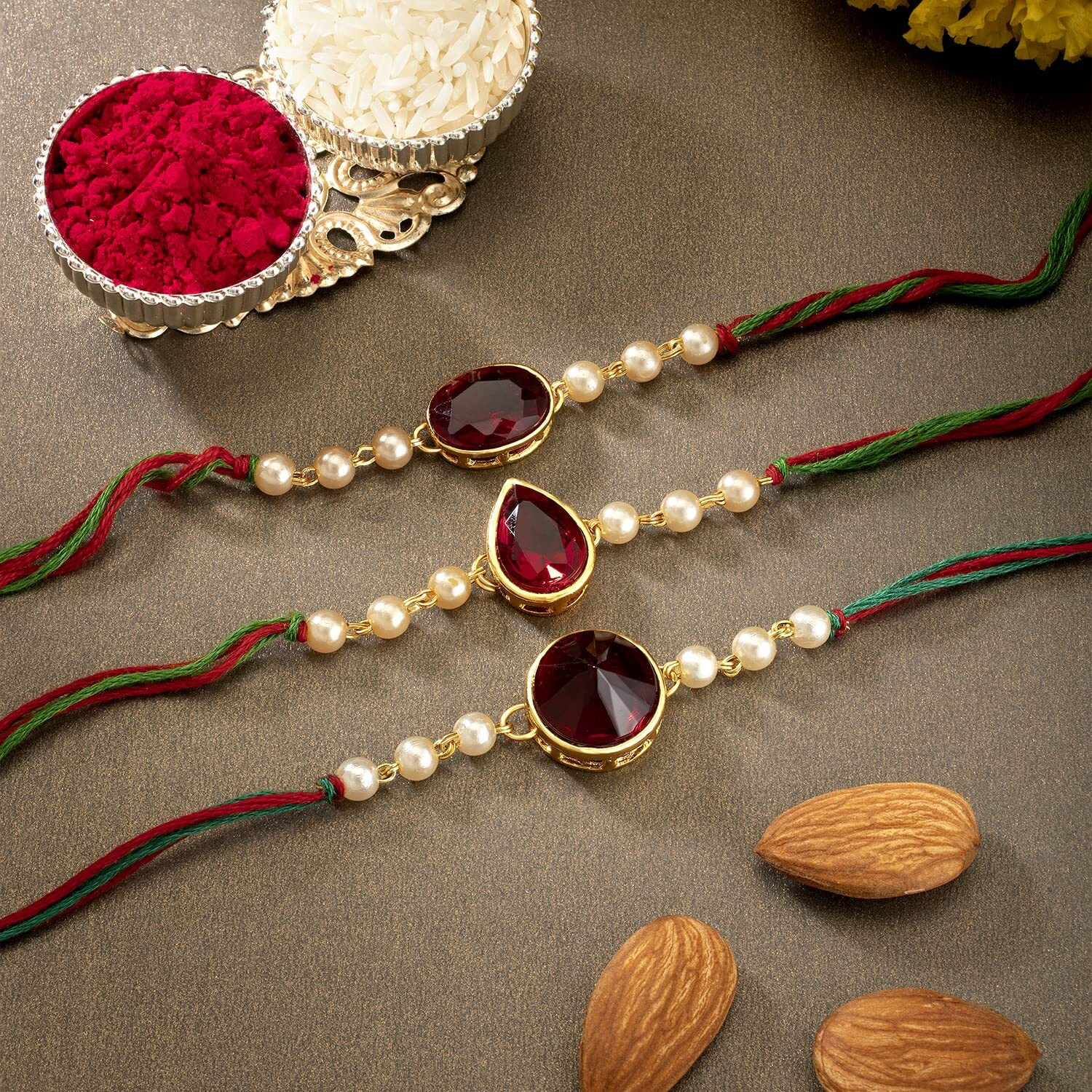 Peora Elegant Kundan Crystal Stone Rakhi for Brother Combo Set of 3 with Raksha Bandhan Greeting Card & Roli Chawal For Men