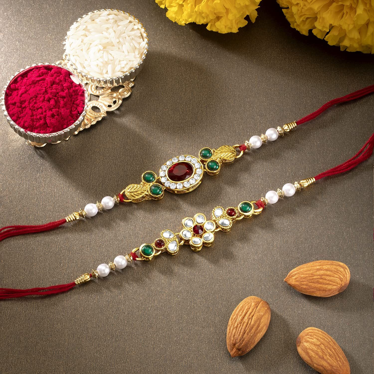 Peora Mens Thread Beautiful Beads Kundan Raksha Bandhan Rakhi with Chawal Roli Greeting Card (Combo- Pack of 2)