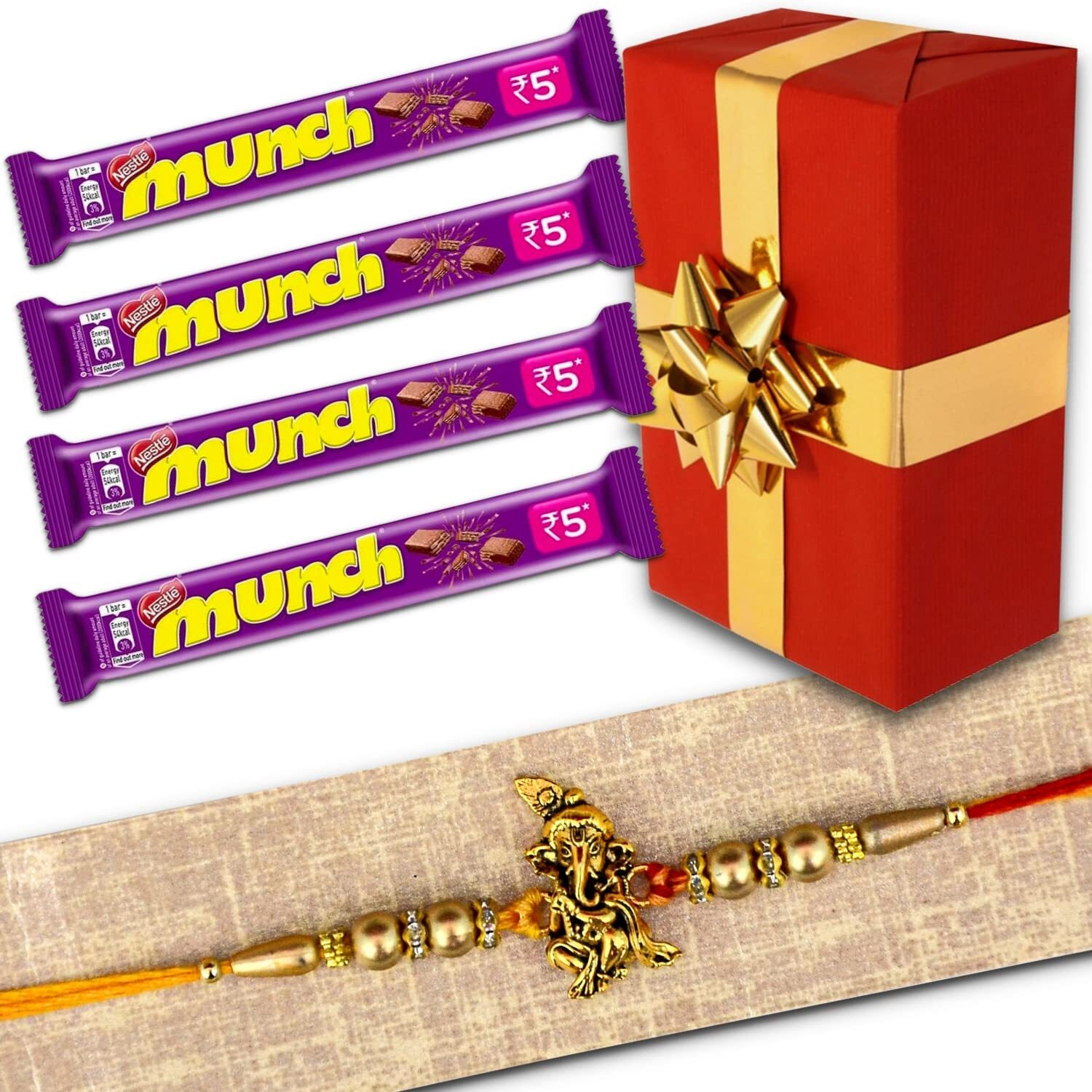 Almoda Creations 1 Antique Panchdhatu Ganesha Rakhi for Brother with 4 Munch Chocolates & Rakhi Gift Box