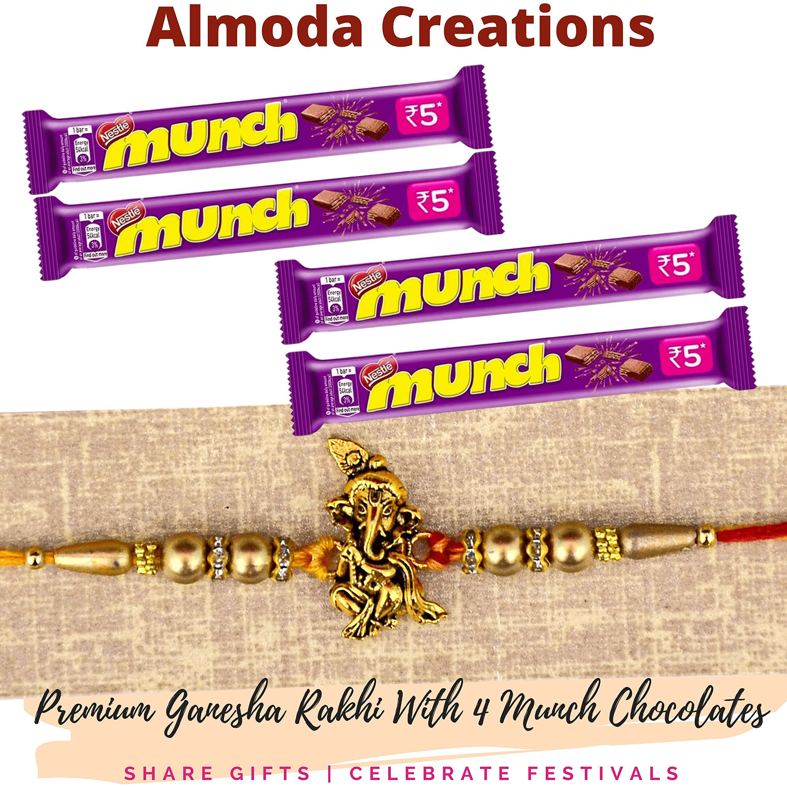 Almoda Creations 1 Antique Panchdhatu Ganesha Rakhi for Brother with 4 Munch Chocolates & Rakhi Gift Box
