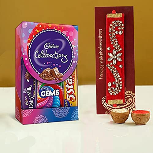 Set of 2 Kundan Rakhi for Brother with Cadbury Celebration Chocolates Pack, Single Rakhi for Bhaiya Bro with Rakshabandhan Greeting Card, Rakhi for Brother with Cadbury,Kundan Rakhi