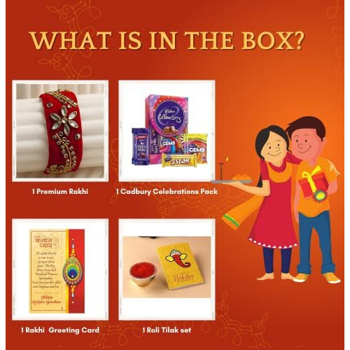Set of 2 Kundan Rakhi for Brother with Cadbury Celebration Chocolates Pack, Single Rakhi for Bhaiya Bro with Rakshabandhan Greeting Card, Rakhi for Brother with Cadbury,Kundan Rakhi