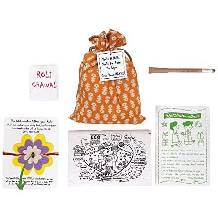 Surprise Someone Organic Plantable Eco Friendly Rakhi Kit in Fabric Potli Along with Small Diary (with Love Doodle) + Plantable Pen + Roli Chawal
