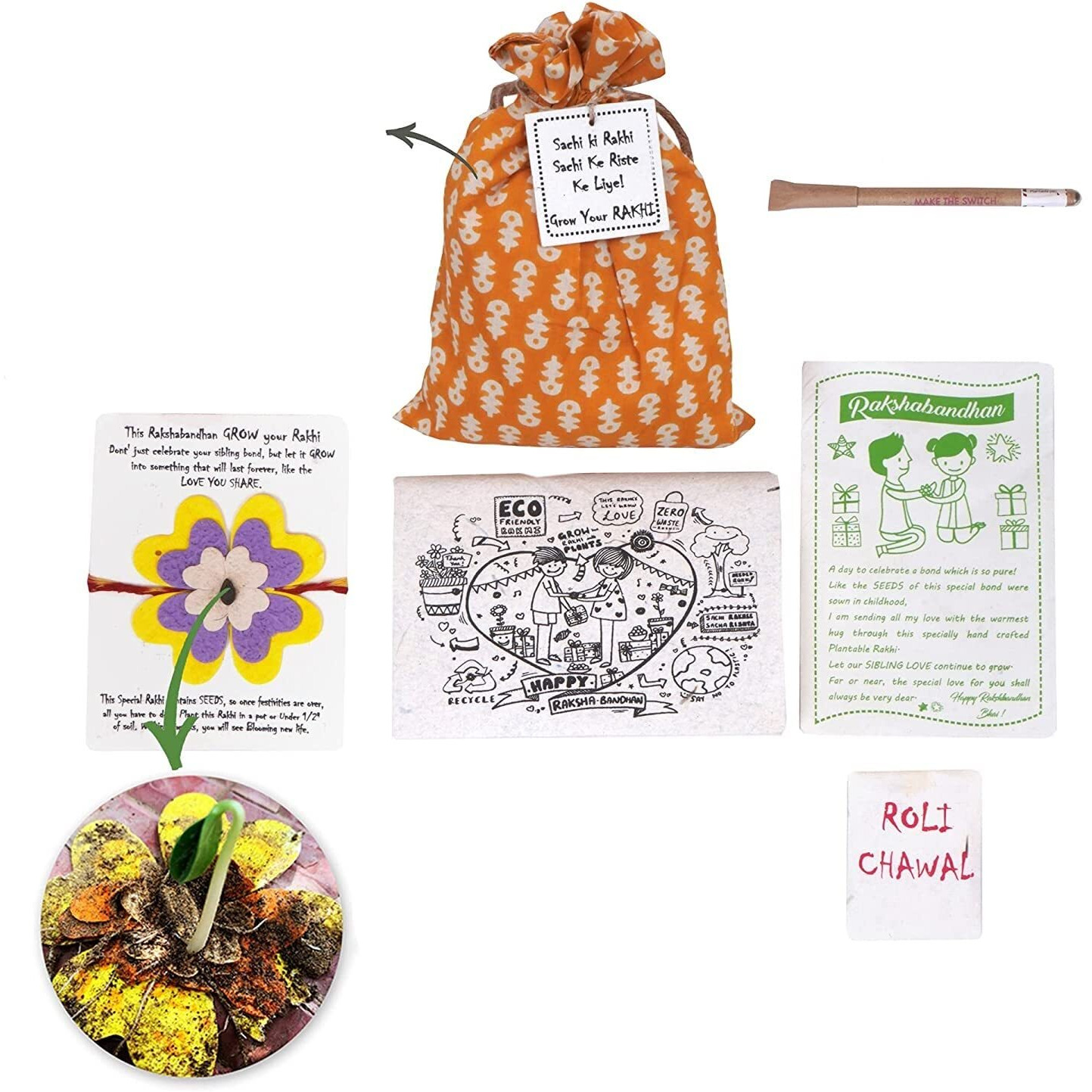 Surprise Someone Organic Plantable Eco Friendly Rakhi Kit in Fabric Potli Along with Small Diary (with Love Doodle) + Plantable Pen + Roli Chawal