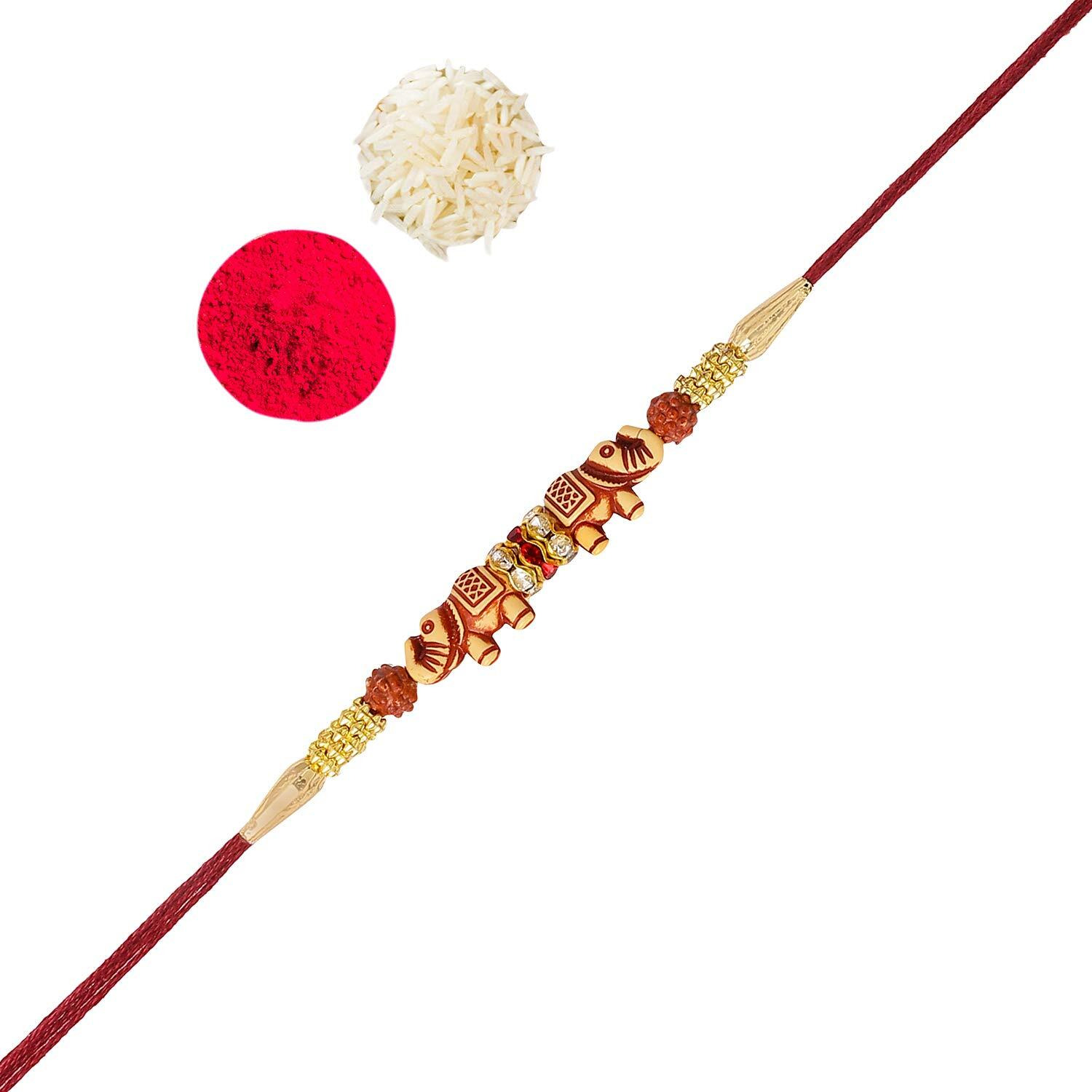 ACCESSHER Gold Plated Elephant Shaped Stylish Quirky Rakhi for Beloved Brother Pack of 1 with Roli Kumkum Packets and Happy Rakshabandhan Card | latest rakhi for brother
