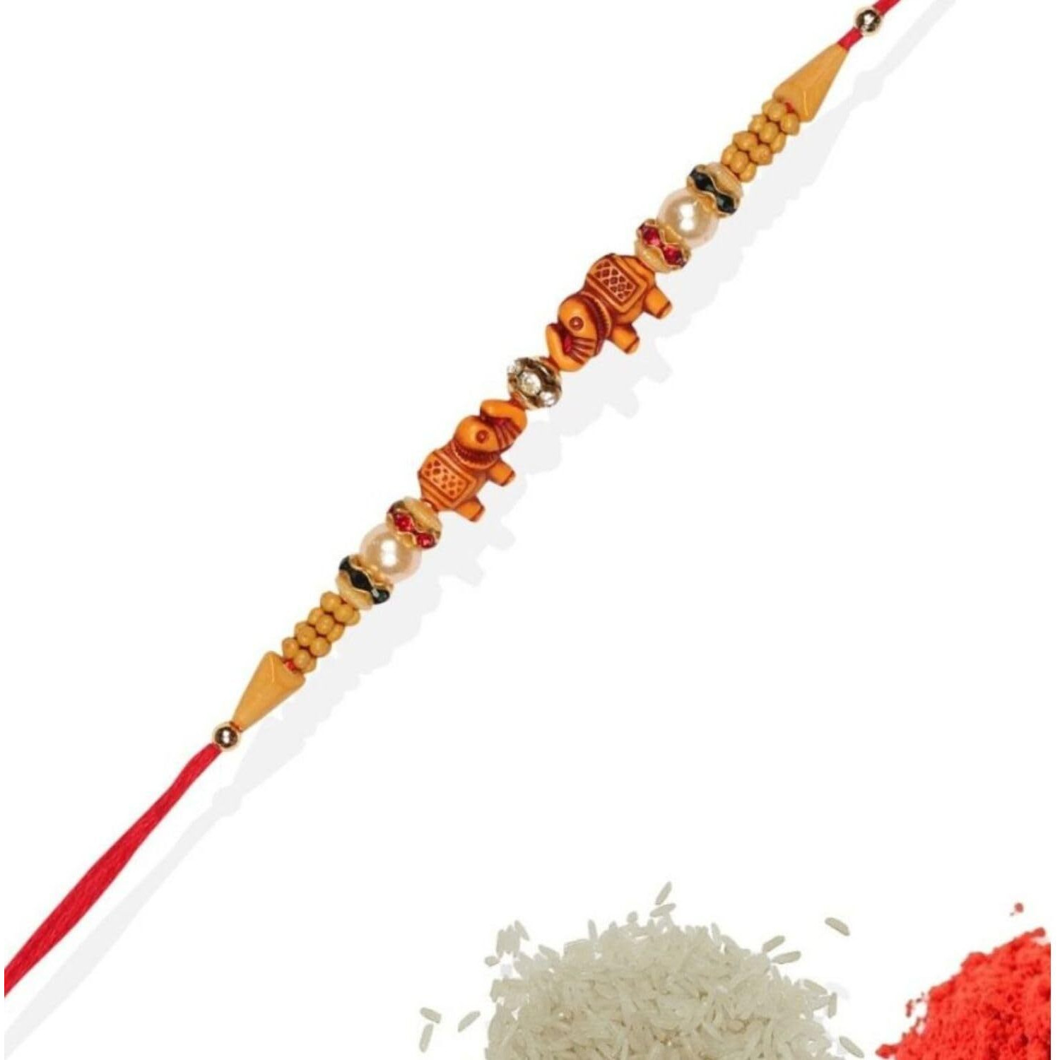 ACCESSHER Gold Plated Elephant Shaped Stylish Quirky Rakhi for Beloved Brother Pack of 1 with Roli Kumkum Packets and Happy Rakshabandhan Card | latest rakhi for brother