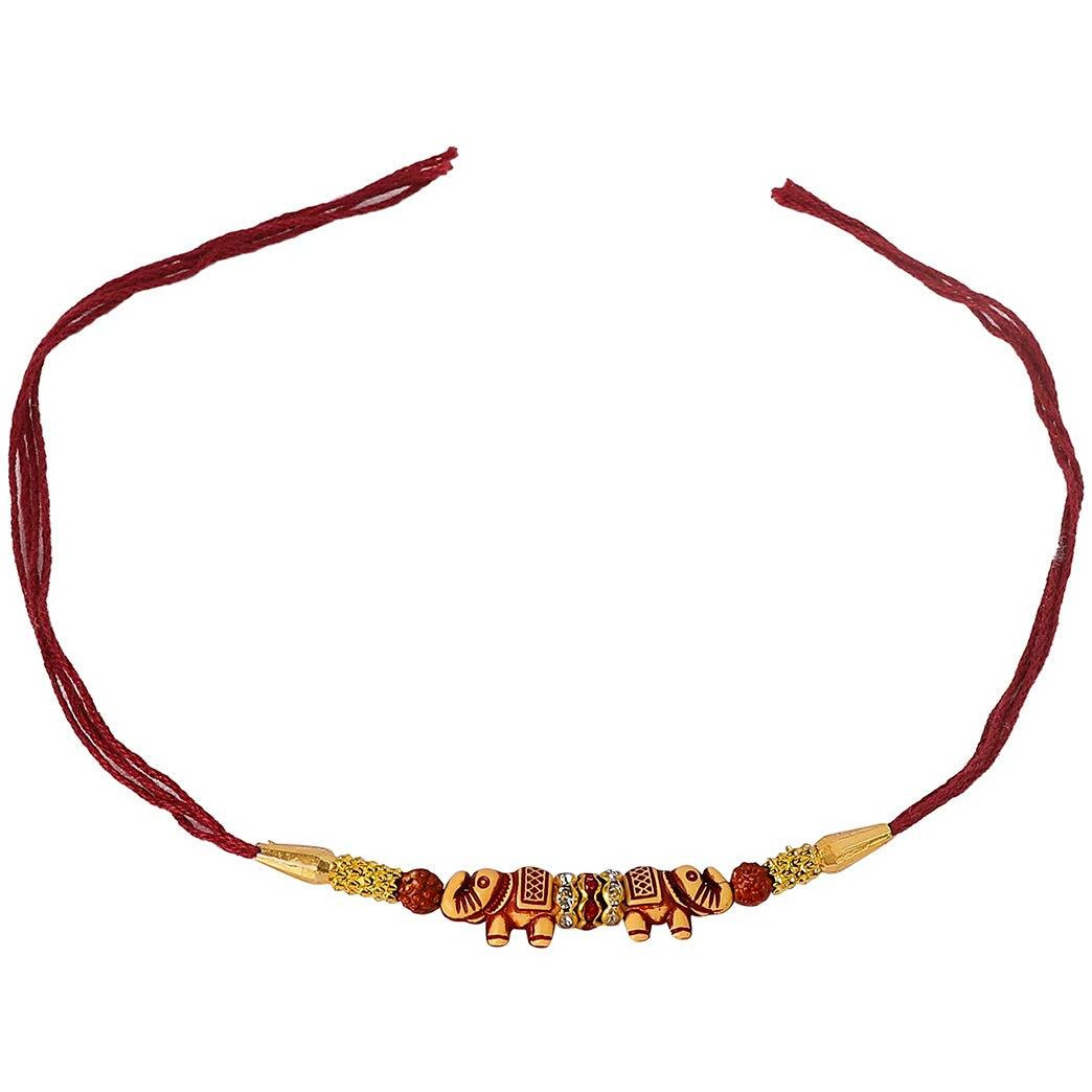 ACCESSHER Gold Plated Elephant Shaped Stylish Quirky Rakhi for Beloved Brother Pack of 1 with Roli Kumkum Packets and Happy Rakshabandhan Card | latest rakhi for brother