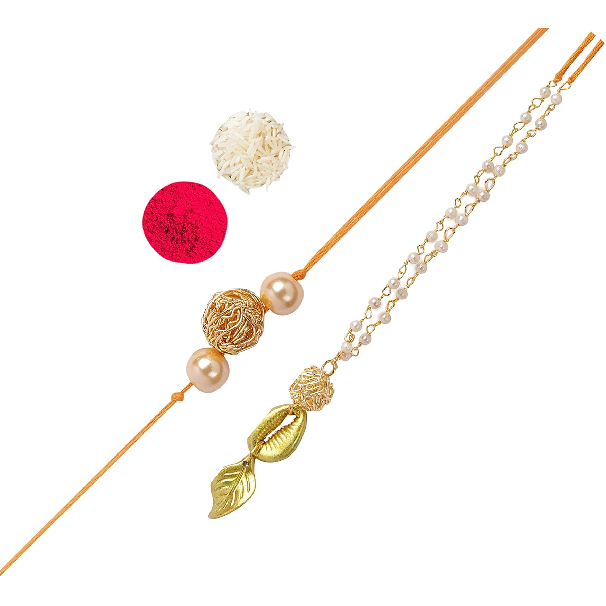 ACCESSHER Gold Plated Elegant Filigree Ball with Pearl Bhaiyya Bhabhi Rakhi for Beloved Brother with Roli Kumkum Packets and Happy Rakshabandhan Card | Rakhi For Brother