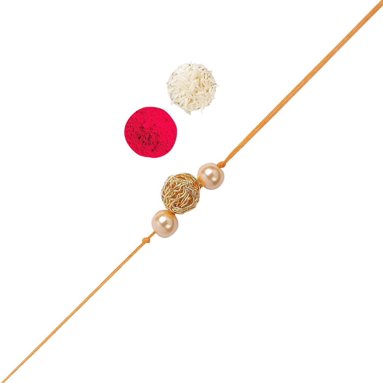 ACCESSHER Gold Plated Elegant Filigree Ball with Pearl Bhaiyya Bhabhi Rakhi for Beloved Brother with Roli Kumkum Packets and Happy Rakshabandhan Card | Rakhi For Brother