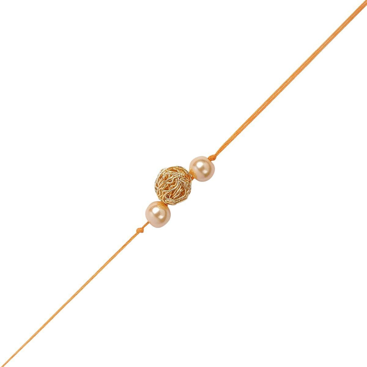 ACCESSHER Gold Plated Elegant Filigree Ball with Pearl Bhaiyya Bhabhi Rakhi for Beloved Brother with Roli Kumkum Packets and Happy Rakshabandhan Card | Rakhi For Brother