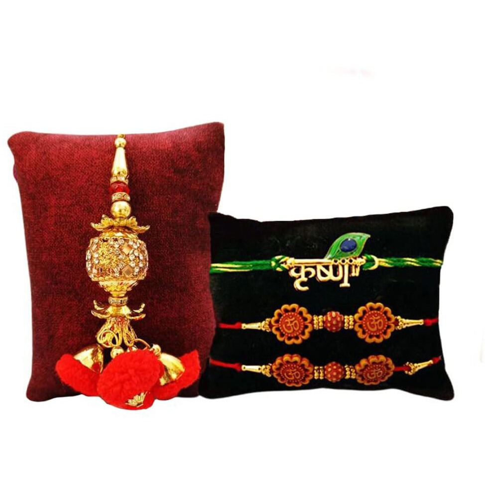Collectible India Raksha Bandhan Gift Hamper For Brother With Ganesha Wall Hanging Showpiece With 4 Rakhi (Krishna Rakhi, Rudraksh Rakhi, Lumba Rakhi) With Colorful Greeting Card