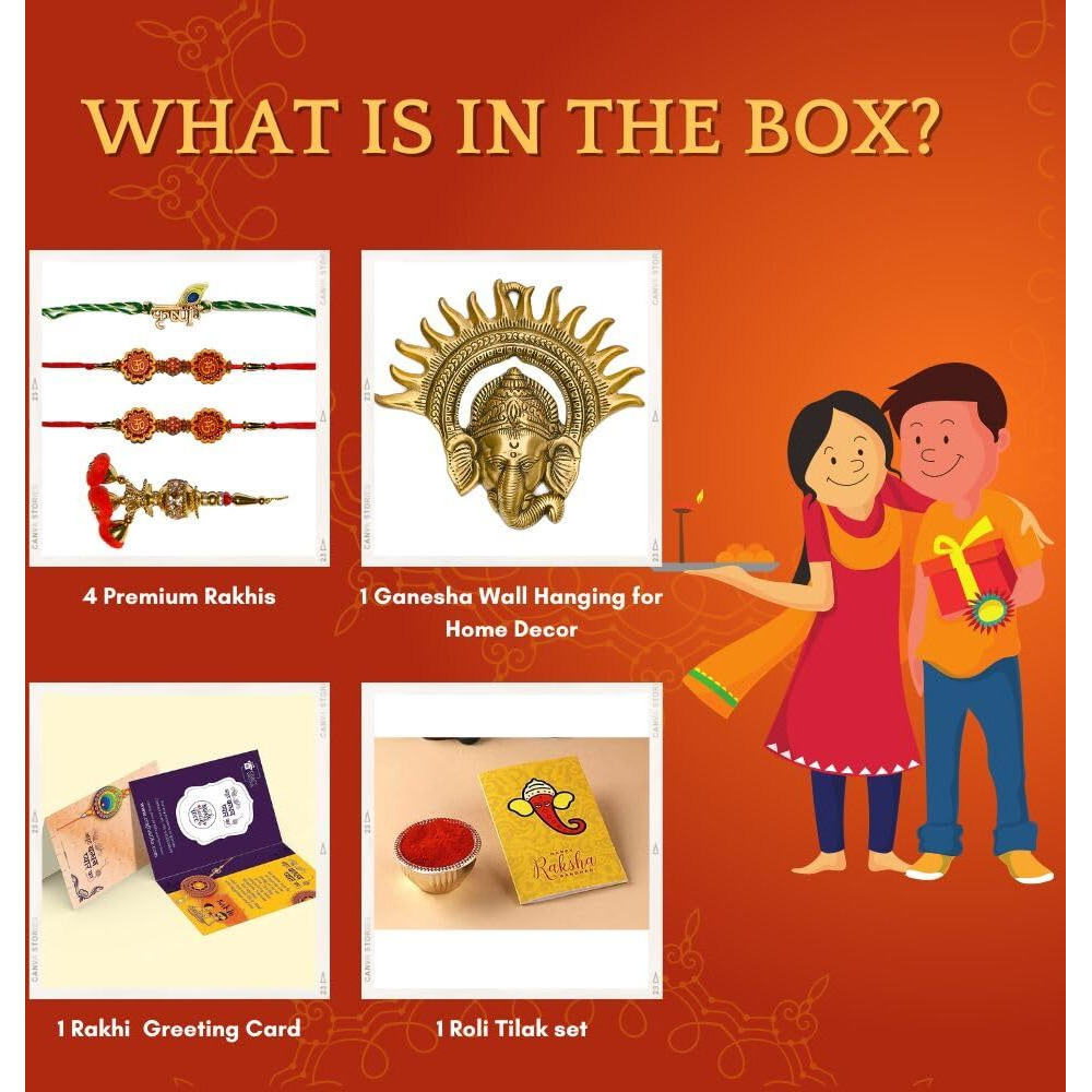 Collectible India Raksha Bandhan Gift Hamper For Brother With Ganesha Wall Hanging Showpiece With 4 Rakhi (Krishna Rakhi, Rudraksh Rakhi, Lumba Rakhi) With Colorful Greeting Card