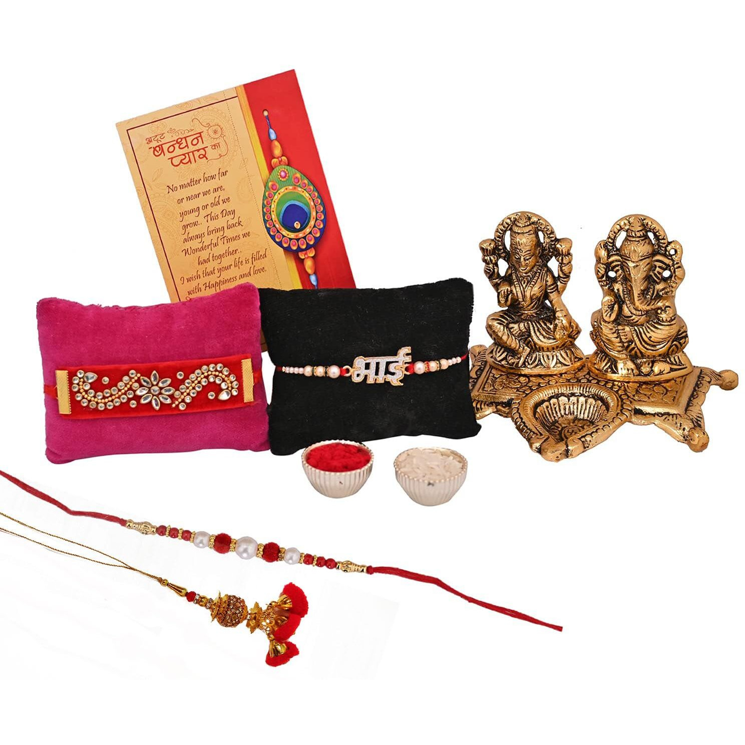 Collectible India Rakhi gift Combo of Metal Golden Laxmi Ganesh Showpiece Oil Lamp Diya, Bhai Rakhi, Lumba Rakhi and Greeting Card