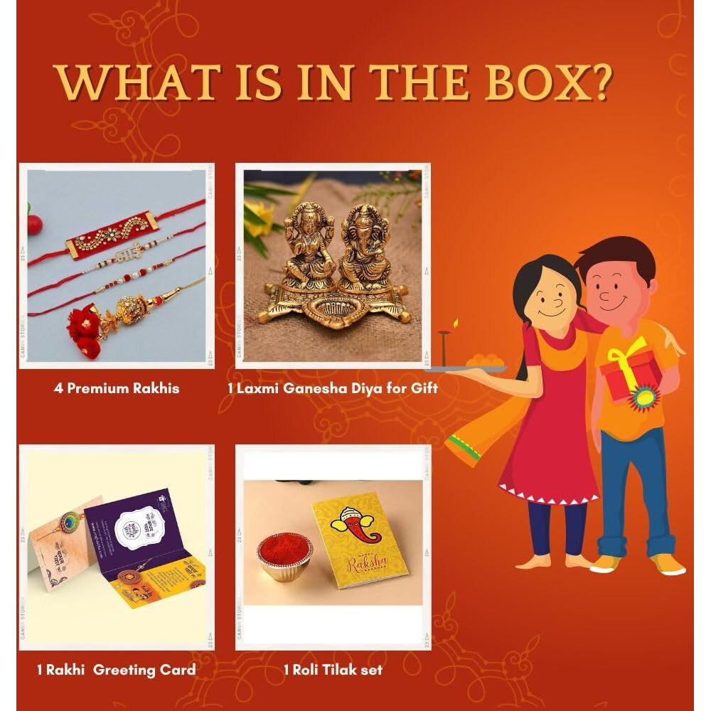 Collectible India Rakhi gift Combo of Metal Golden Laxmi Ganesh Showpiece Oil Lamp Diya, Bhai Rakhi, Lumba Rakhi and Greeting Card