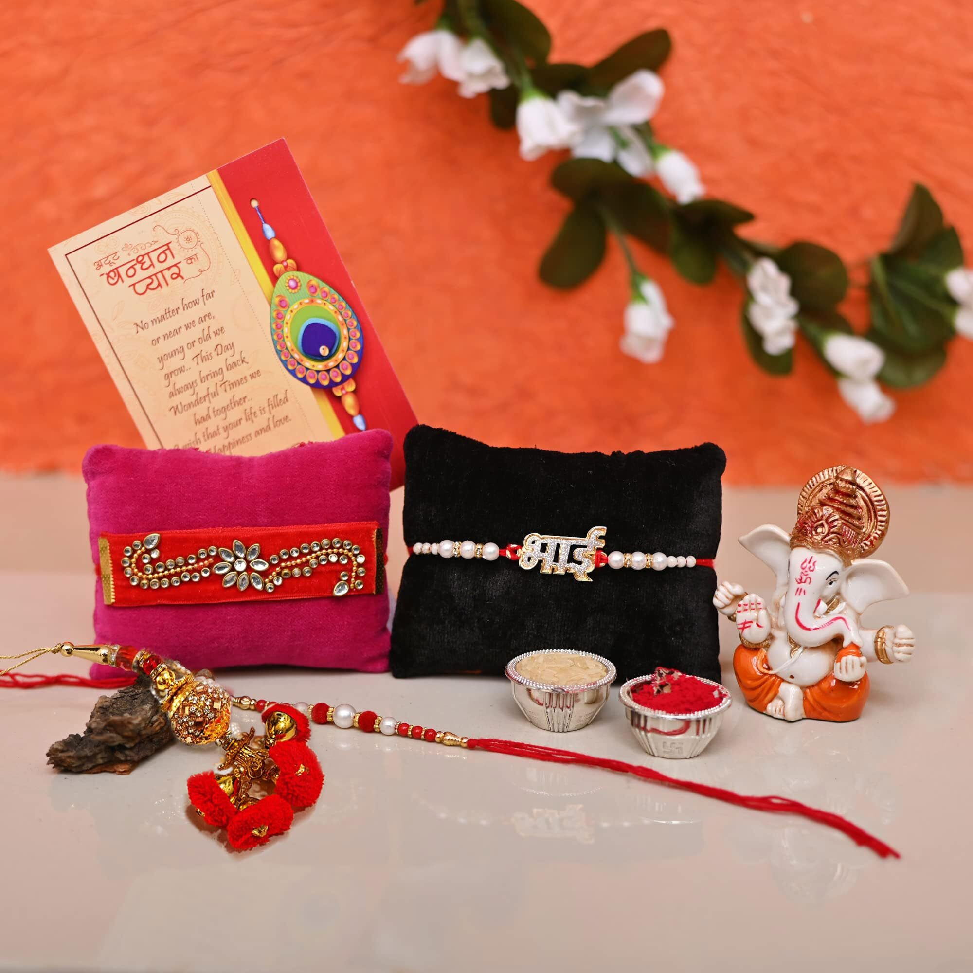 CraftVatika Rakhi Gift Combo for Brother bhai Bhabhi with Ganesha Showpiece Gift items Set - Rakhi for Bhaiya Bhabhi Kids - Rakhis for Rakshabandhan -Murti Statue, Dora Rakhi Bhai Rakhi Lumba Rakhi Velvet Rakhi, Greeting Card