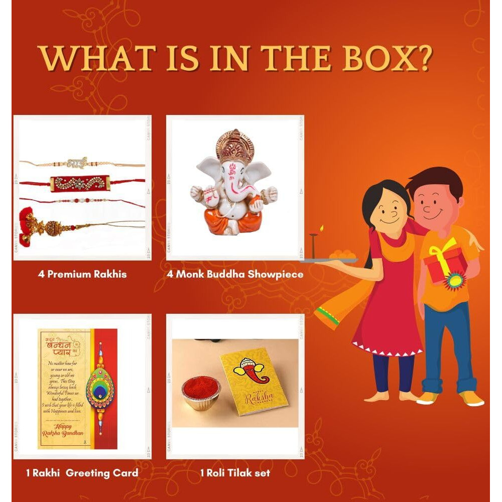 CraftVatika Rakhi Gift Combo for Brother bhai Bhabhi with Ganesha Showpiece Gift items Set - Rakhi for Bhaiya Bhabhi Kids - Rakhis for Rakshabandhan -Murti Statue, Dora Rakhi Bhai Rakhi Lumba Rakhi Velvet Rakhi, Greeting Card