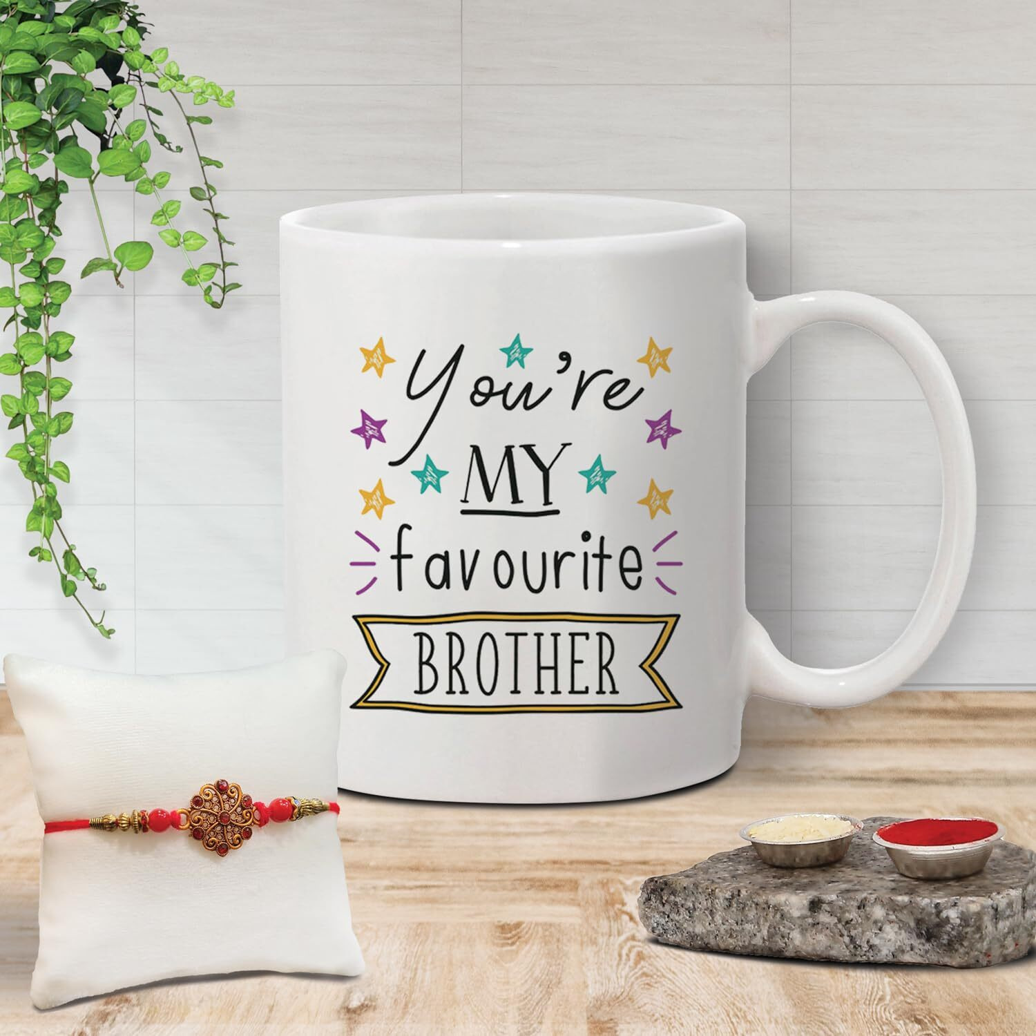 The Purple Tree Rakhi for Brother with Mug and Card Hamper, Rakhi Gift Hamper (1 Rakhi, Mug, Roli Chawal, Greeting Card), Rakhi Gift for Brother, Rakhi for Bhai, Rakhi Mug Gift, M15