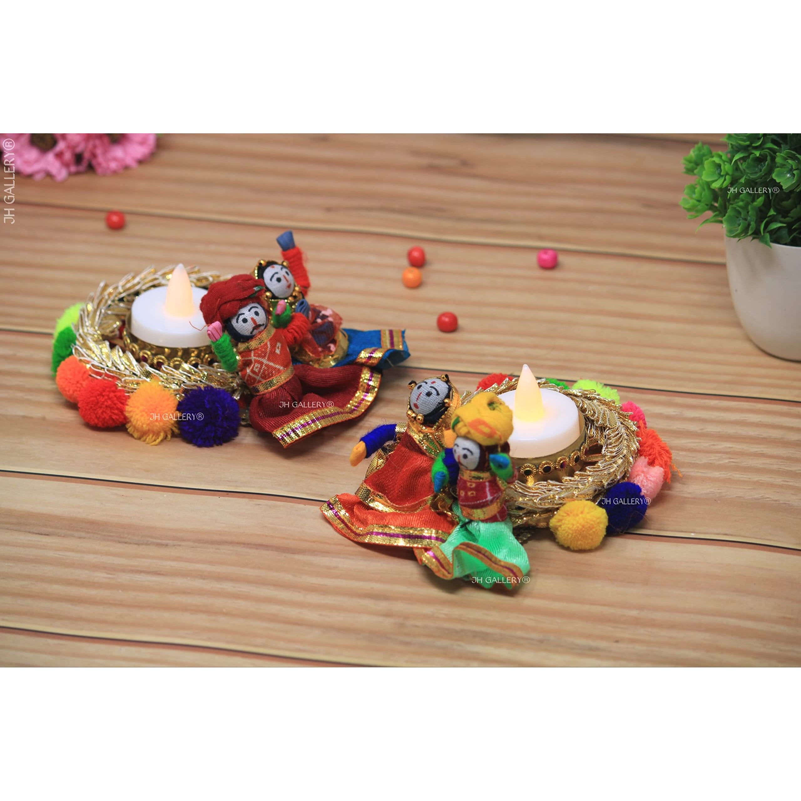 JH Gallery Handmade Recycled Material Puppet Diyas Rajasthani Dolls Tealight/Diya/Diwali Diya/Idol Diyas Holders Gift for Diwali, Home Decor/Temple Decor, Multicolor (Pack of 2)