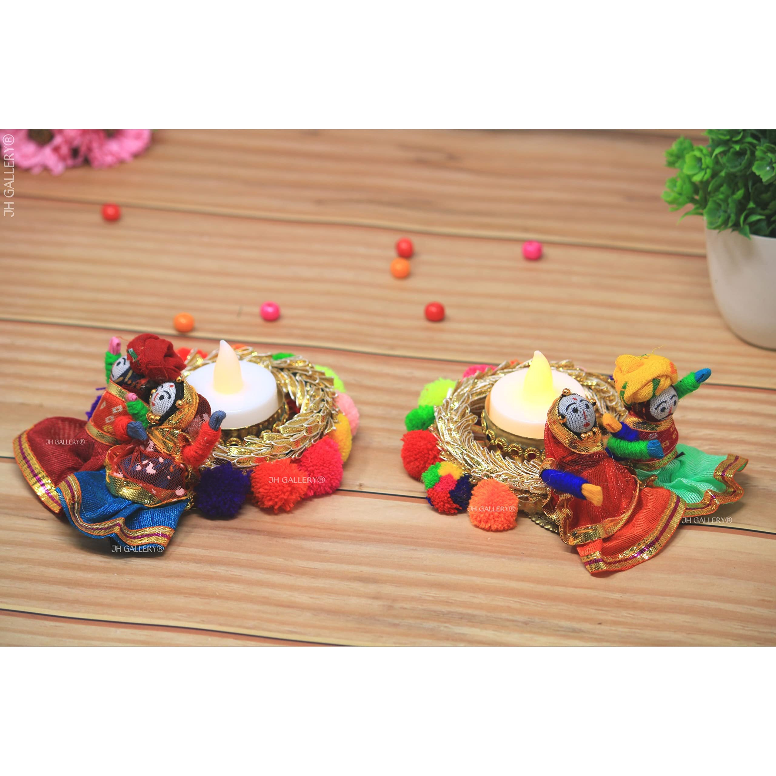 JH Gallery Handmade Recycled Material Puppet Diyas Rajasthani Dolls Tealight/Diya/Diwali Diya/Idol Diyas Holders Gift for Diwali, Home Decor/Temple Decor, Multicolor (Pack of 2)