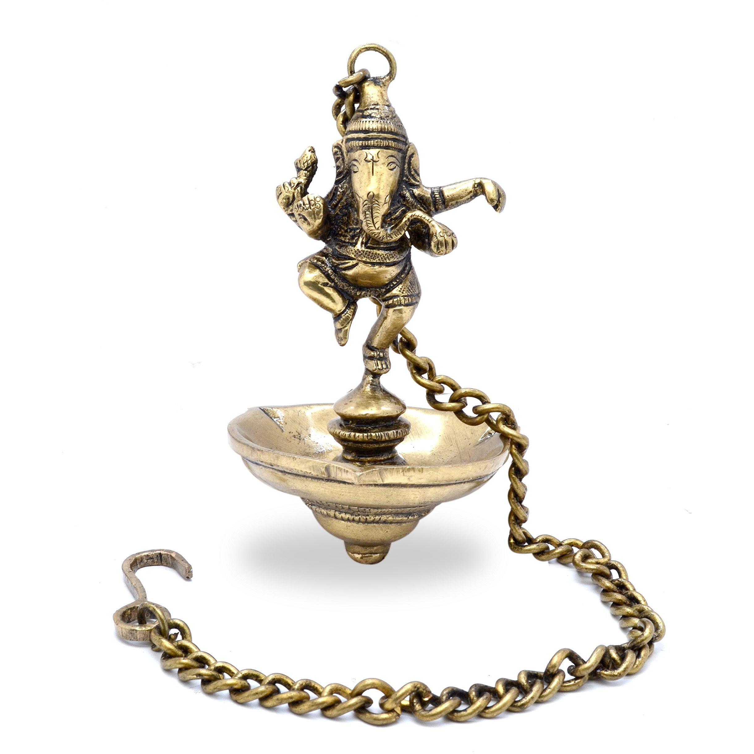 Two Moustaches Dancing Ganesha Brass Hanging Diya for Home Decor, 6 Inches Ganesha Diya, 11 Inches Chain Length, Hanging Diya for Home Decor, Temple Decor