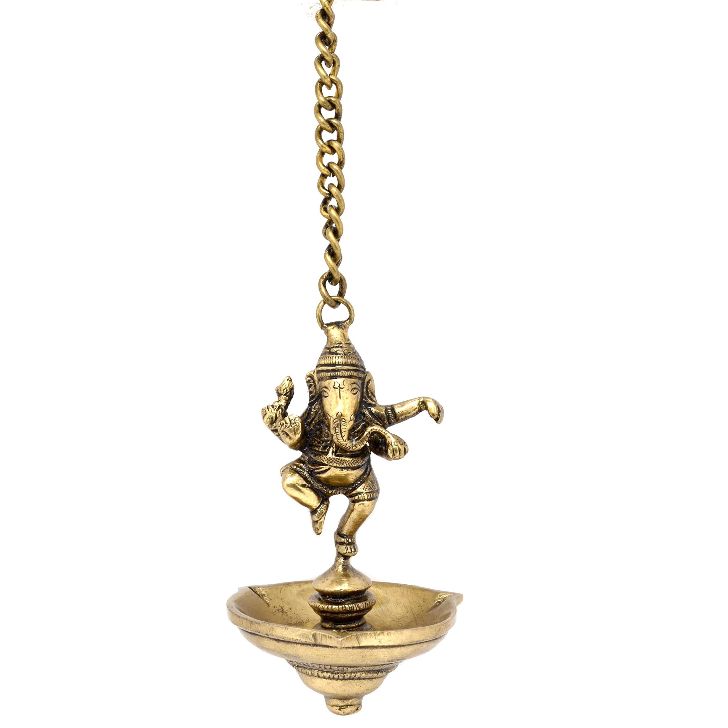 Two Moustaches Dancing Ganesha Brass Hanging Diya for Home Decor, 6 Inches Ganesha Diya, 11 Inches Chain Length, Hanging Diya for Home Decor, Temple Decor