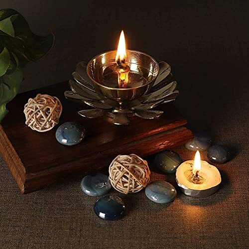 Klassic Decorative Two-Layered Lotus Petal Shaped Akhand Diya for Temple, Home, Festivals, Puja | Kamal Shape Diwali Diya (Medium, Gold)