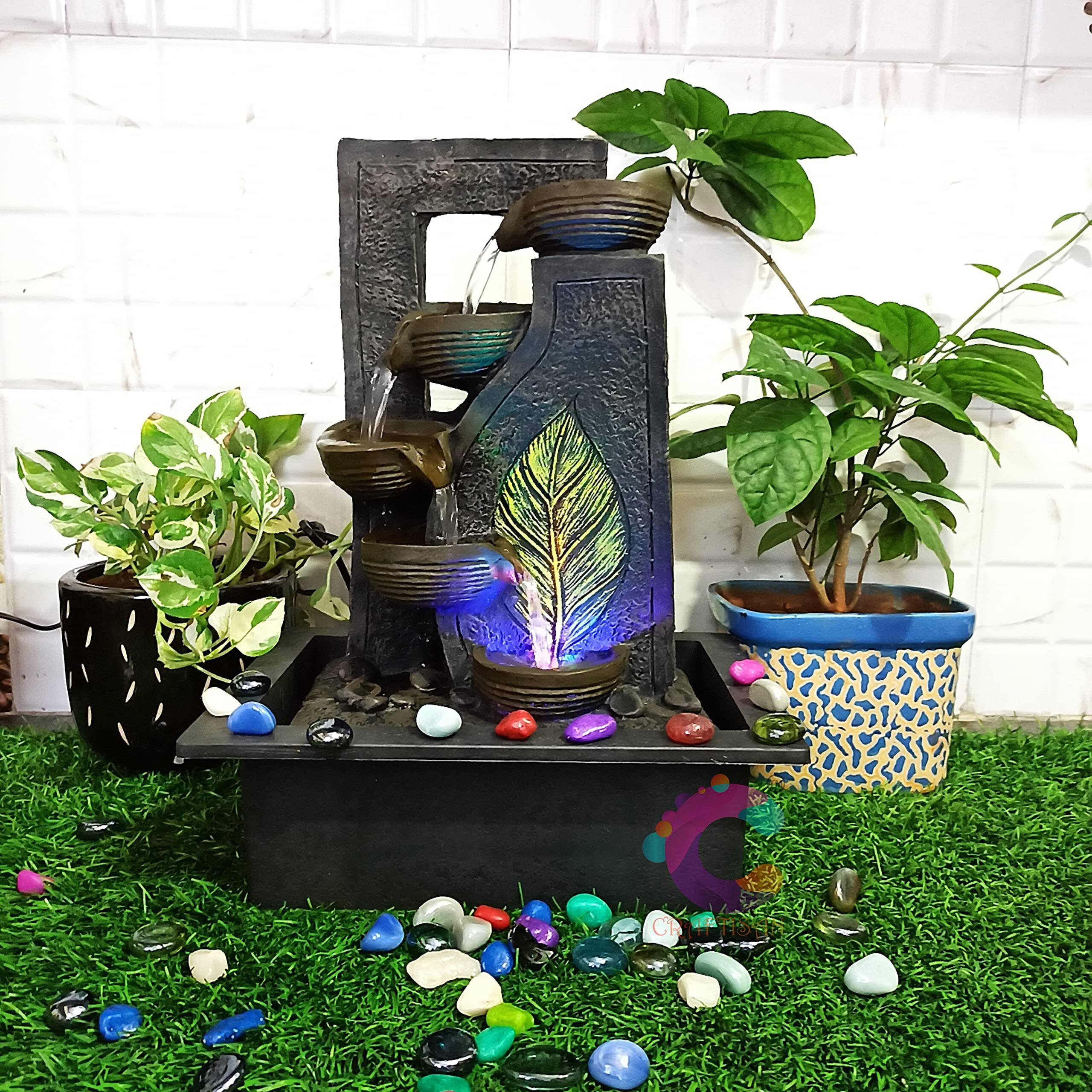 Craftisan Decorative Water Fountain for Home Dcor, Office, Indoor & Outdoor, Garden, Puja Room, Vaastu, Reception, Spa, Gifting. (Black Leaf Diya)