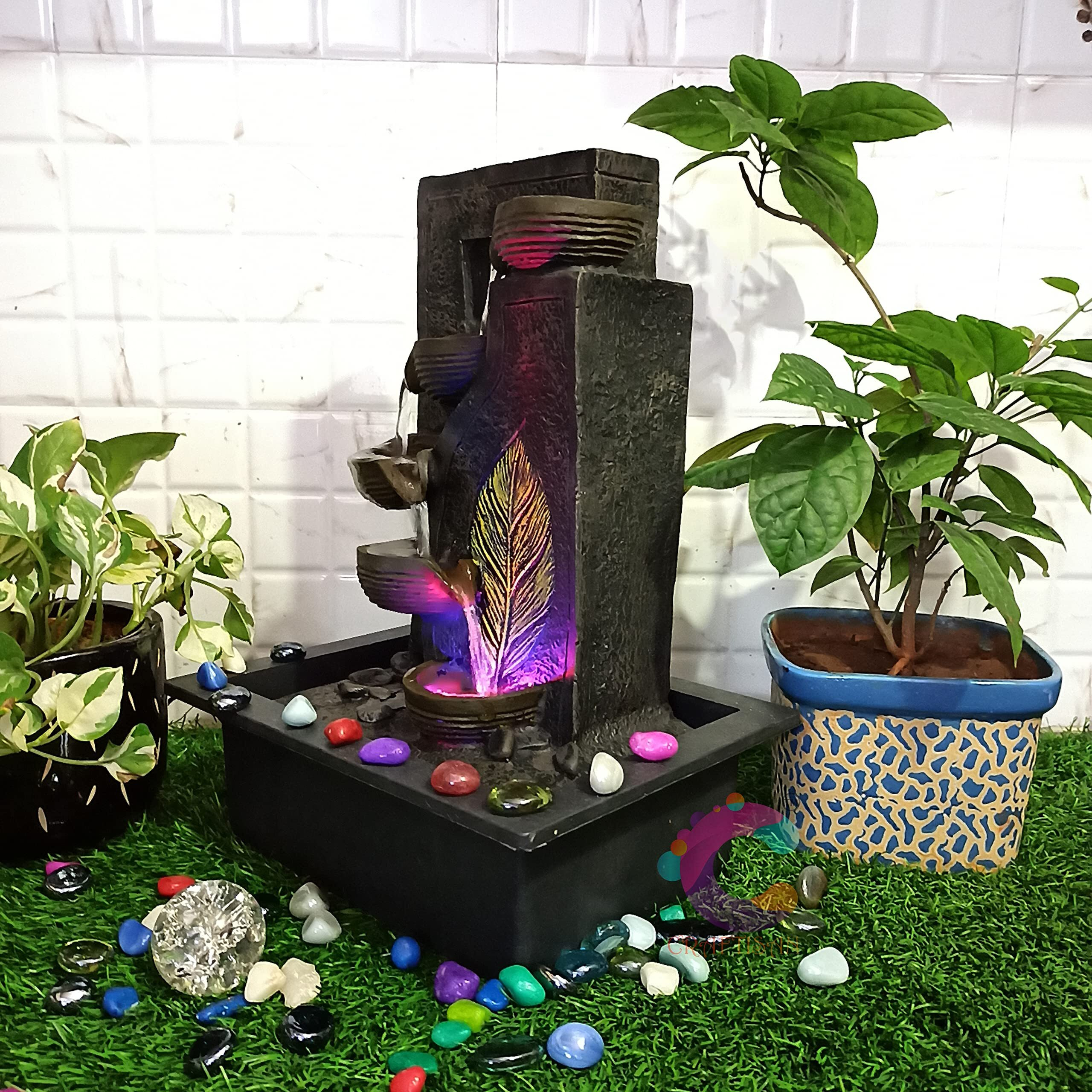 Craftisan Decorative Water Fountain for Home Dcor, Office, Indoor & Outdoor, Garden, Puja Room, Vaastu, Reception, Spa, Gifting. (Black Leaf Diya)