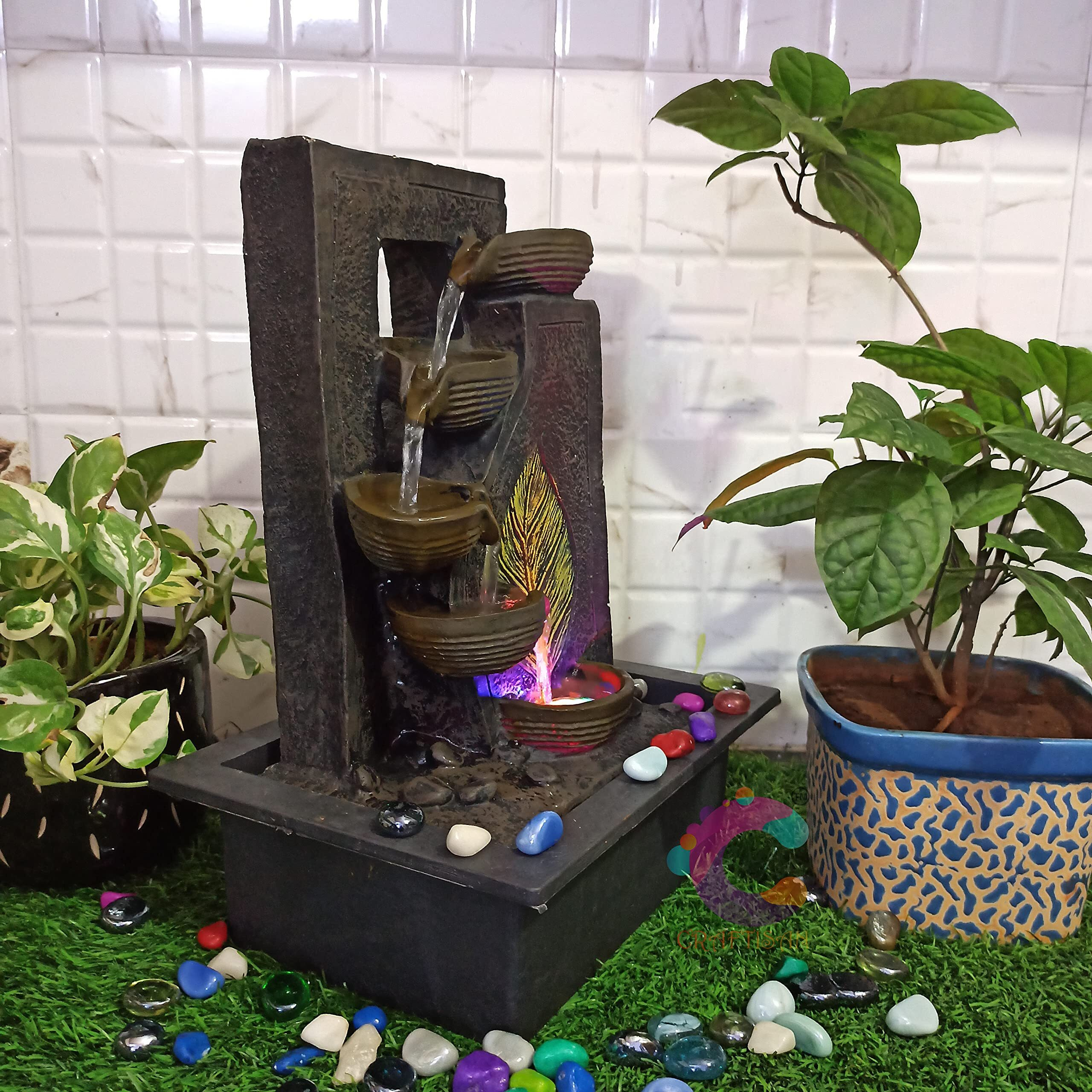 Craftisan Decorative Water Fountain for Home Dcor, Office, Indoor & Outdoor, Garden, Puja Room, Vaastu, Reception, Spa, Gifting. (Black Leaf Diya)