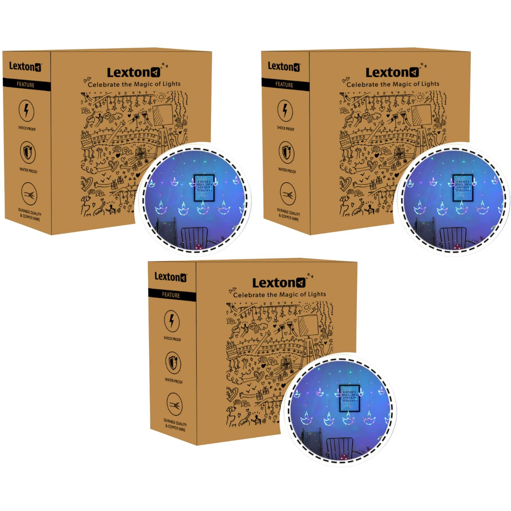 Lexton Diya Curtain Light | 12 Diya | 6 Big Diya 6 Small Diya | 8 Flashing Modes | for Indoor & Outdoor Decorations (Multicolor, Pack of 3)