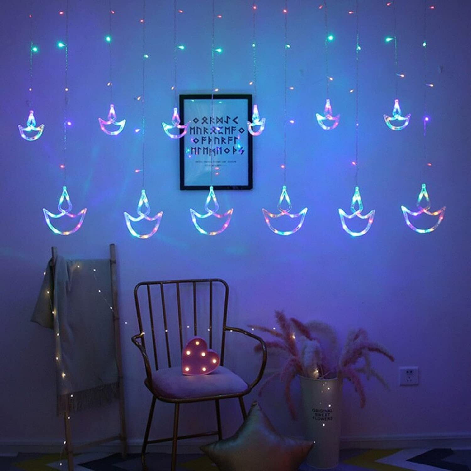 Lexton Diya Curtain Light | 12 Diya | 6 Big Diya 6 Small Diya | 8 Flashing Modes | Multicolor | for Indoor & Outdoor Decorations
