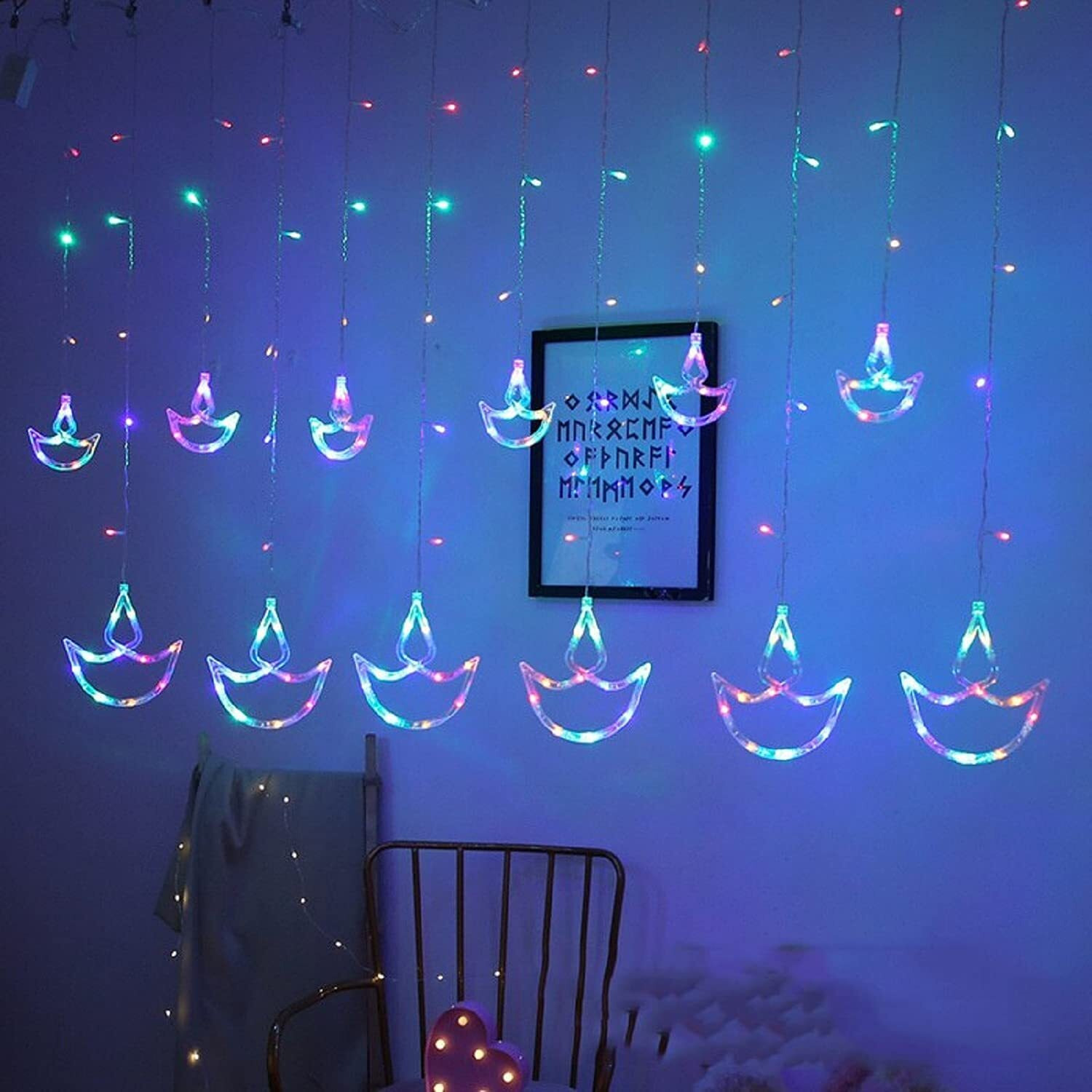 Lexton Diya Curtain Light | 12 Diya | 6 Big Diya 6 Small Diya | 8 Flashing Modes | Multicolor | for Indoor & Outdoor Decorations