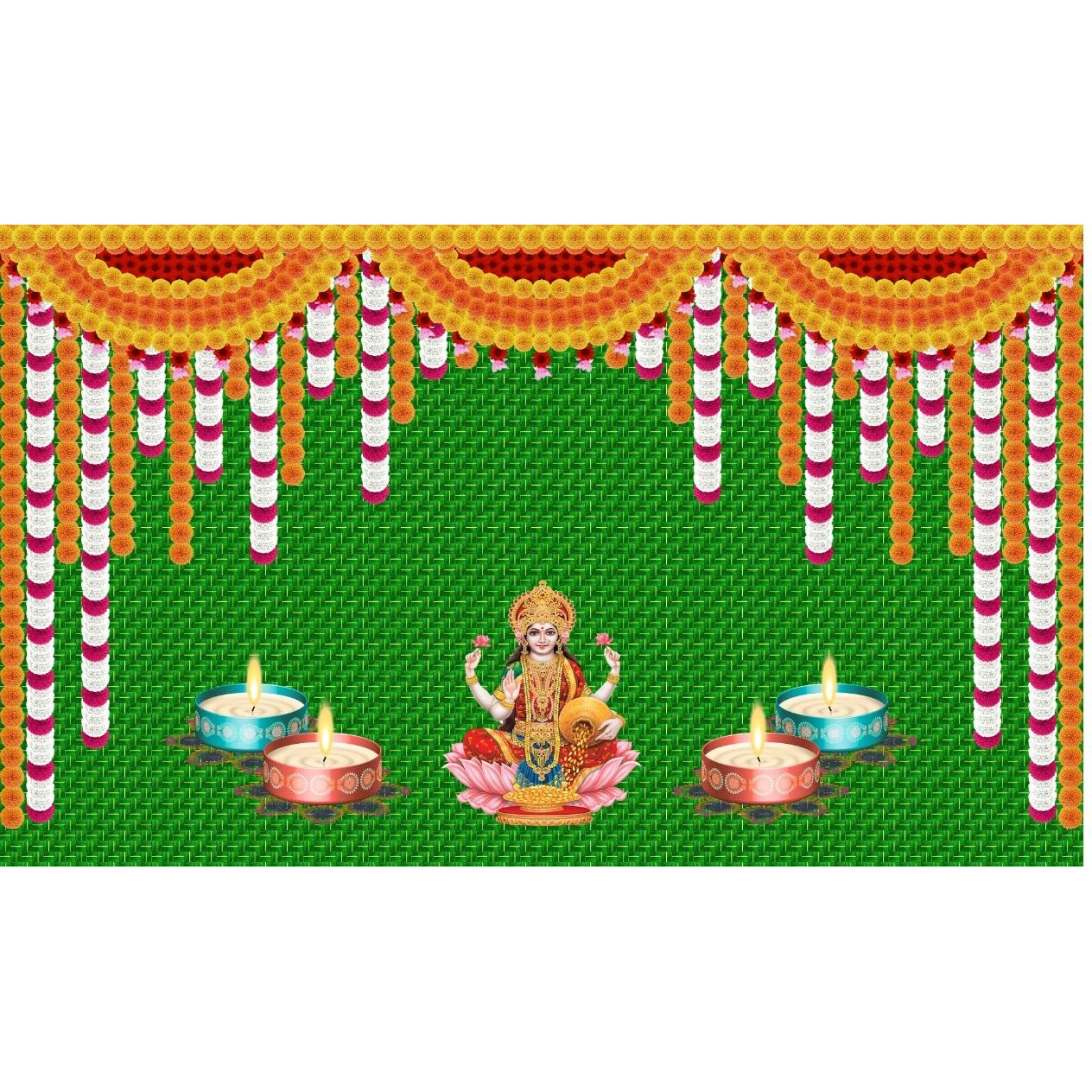 Ashvath Fashion Weaved Coconut Leaf with Flower Goddess Laxmi MATA with Diya Lamp Design Backdrop Cloth for Pooja Decoration Traditional Deepavali Size 5Feet Height and 8Feet Width(5 * 8)