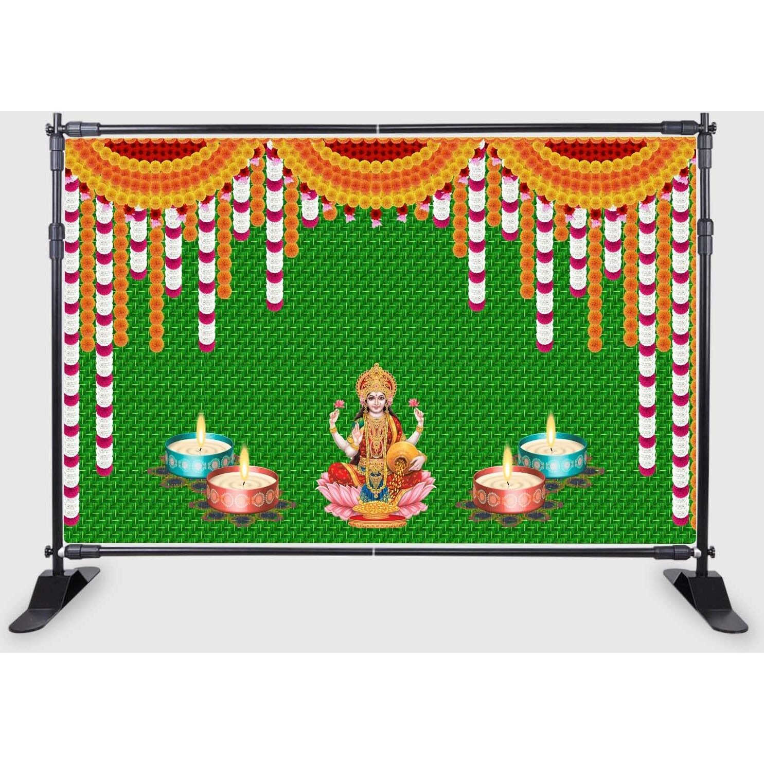 Ashvath Fashion Weaved Coconut Leaf with Flower Goddess Laxmi MATA with Diya Lamp Design Backdrop Cloth for Pooja Decoration Traditional Deepavali Size 5Feet Height and 8Feet Width(5 * 8)
