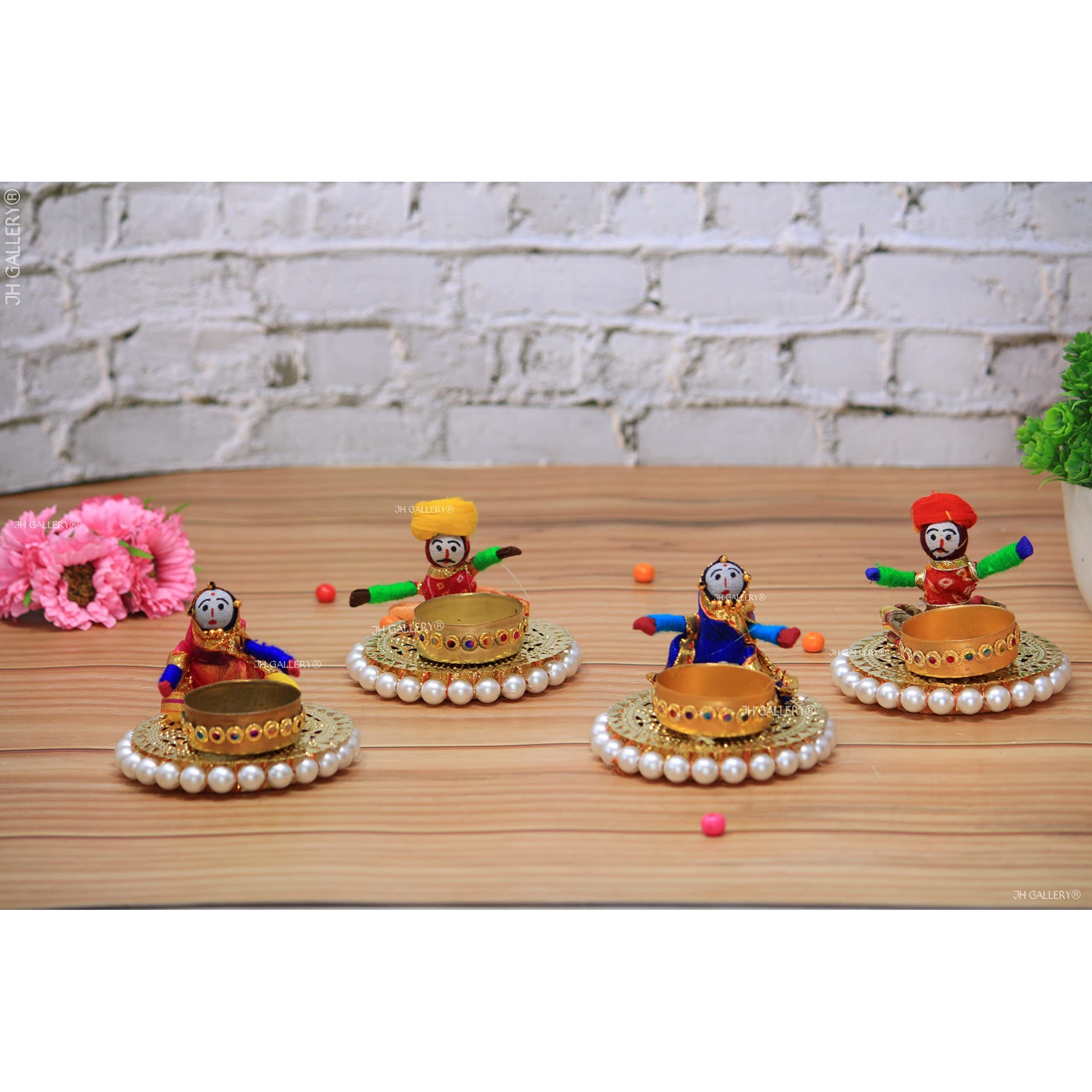 JH Gallery Handmade Recycled Material Rajasthani Dolls Puppet Diyas Tealight/Diya/Diwali Diya/Idol Diyas Holders Gift for Diwali, Home Decor/Temple Decor, Multicolor (2 Pair)