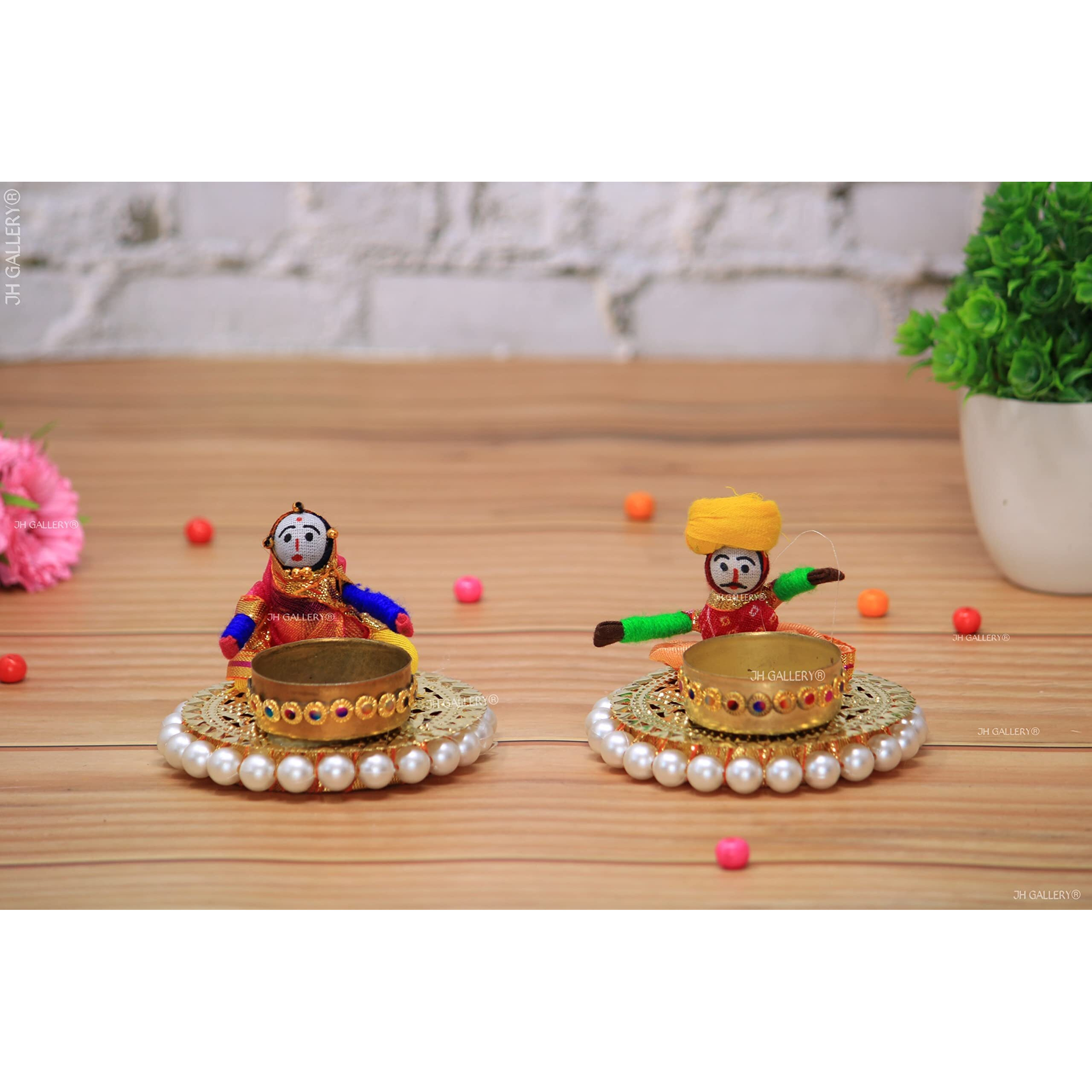 JH Gallery Handmade Recycled Material Rajasthani Dolls Puppet Diyas Tealight/Diya/Diwali Diya/Idol Diyas Holders Gift for Diwali, Home Decor/Temple Decor, Multicolor (2 Pair)